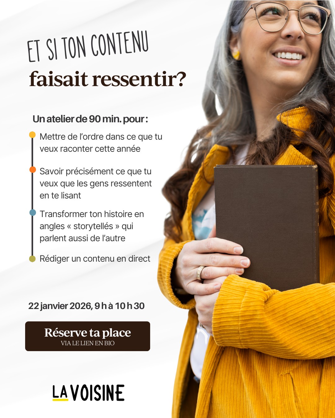 Ton contenu peut devenir un fil conducteur entre ce que tu vis et ce que tu vends...
Mais pour ça, il faut qu’il fasse vibrer quelque chose chez l’autre. 💛
Parce qu’informer, c’est bien. Être visible, c’est utile, mais être choisi, ça se passe ailleurs.
Ça se passe quand tes mots font ressentir quelque chose. Quand la personne se reconnaît. Quand elle se sent moins seule. Quand ton contenu ne lui parle pas “en général”, mais à elle, maintenant, dans sa vraie vie.
C’est exactement ce qu’on va travailler le 22 janvier dans mon atelier : 𝐏𝐥𝐚𝐧𝐢𝐟𝐢𝐞 𝐭𝐨𝐧 𝐜𝐨𝐧𝐭𝐞𝐧𝐮 "𝐬𝐭𝐨𝐫𝐲𝐭𝐞𝐥𝐥𝐞́" 𝐩𝐨𝐮𝐫 𝟐𝟎𝟐𝟔 (9h à 10h30, QC). 🗓️
En 90 minutes, on va clarifier tes thèmes, choisir l’émotion que tu veux transmettre, transformer ton vécu en angles concrets et créer du contenu en direct ensemble. 👩💻
Si tu sens que ton histoire a du potentiel, mais que tu ne sais pas trop comment la mettre au service de tes ventes, cet atelier est fait pour toi. 😉
Le lien pour te joindre à nous est en bio. 🔗