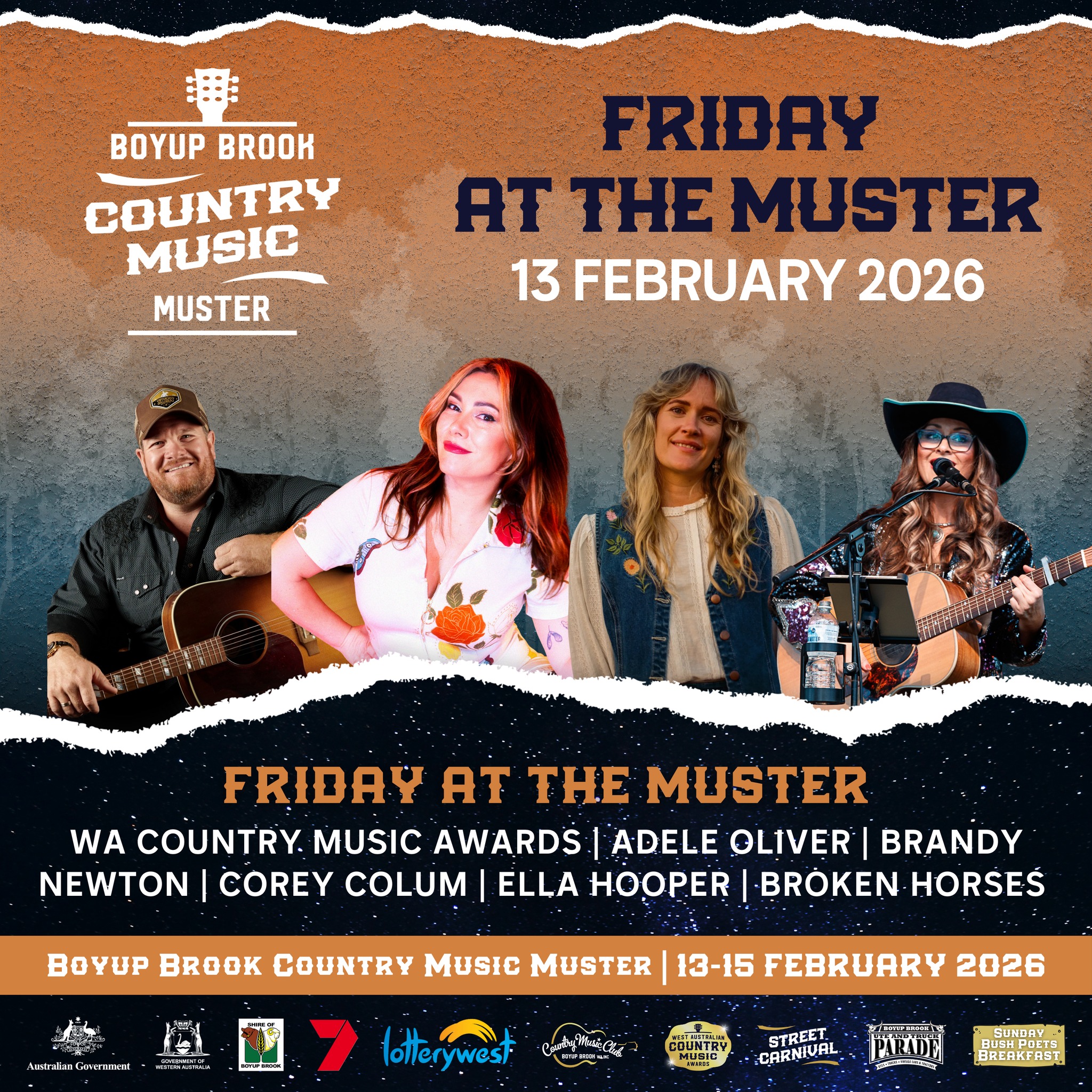 Friday at the Muster is where the weekend kicks off 🤠🎶
Big main stage energy, the WA Country Music Awards, and a night of live music that sets the tone for everything to come. Grab your crew, warm up your sing along voice, and get ready to kick it country in Boyup Brook.
🎟️ Tickets and info www.wacountrymusic.com.au
Ella Hooper | Corey Colum Music | @adeleoliver | Brandy Newton Music | @broke_nhorses
#WAtheDreamState
The Boyup Brook Country Music Muster is supported by the WA Government through Tourism WA and Royalties for Regions and is supported by Revive Live, an Australian Government initiative.
Western Australia | Lotterywest | WA Government