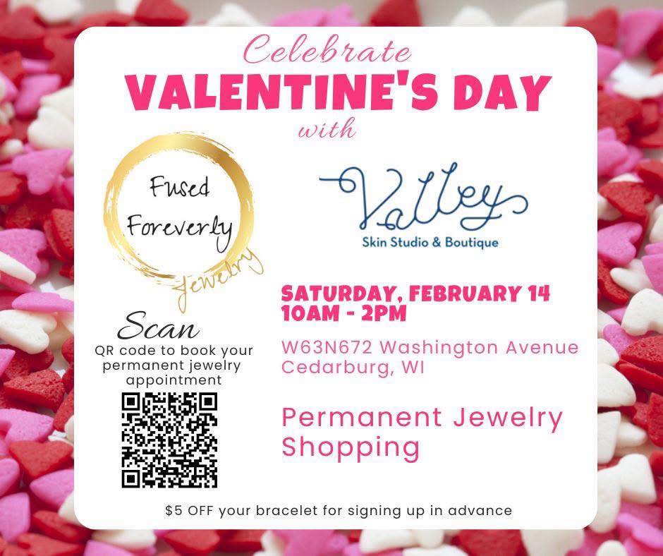 It’s the perfect day to treat yourself 💕
We’re offering permanent jewelry— come celebrate love, friendship, or a little self-love moment ✨
🖤 Sign up at the link to get fused on Valentines Day.
https://www.signupgenius.com/go/10C044EAFAB23A1FCC34-61569857-permanent
And while you’re here, don’t forget to stop next door at our building neighbor Valley Skin Studio (10–2) for:
✨ Brow waxes
✨ Skincare
✨ Perfume
Grab your bestie, your Valentine, or come solo — we can’t wait to fuse you 🤍
#fusedforeverlyjewelry #smallbusiness #permanentjewelry #valleyskinstudio
