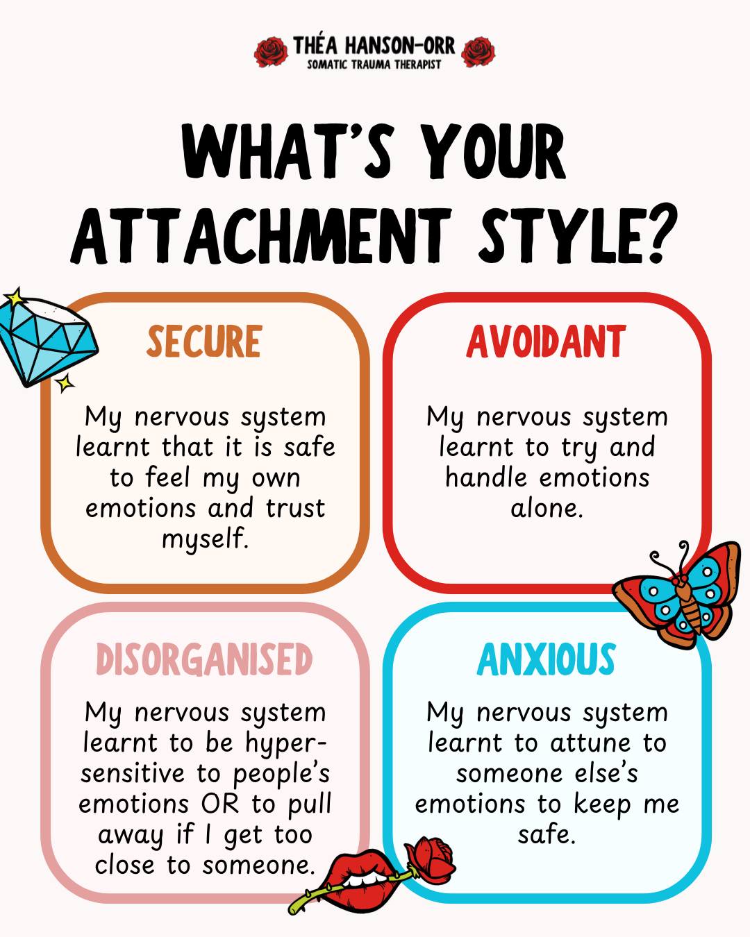 We all have one, and knowing your attachment style helps you to feel understood and heard. 🤲🏼
#AttachmentStyles #AttachmentStylesTherapy #SomaticTherapy #LoveAndRelationships #TraumaInformed