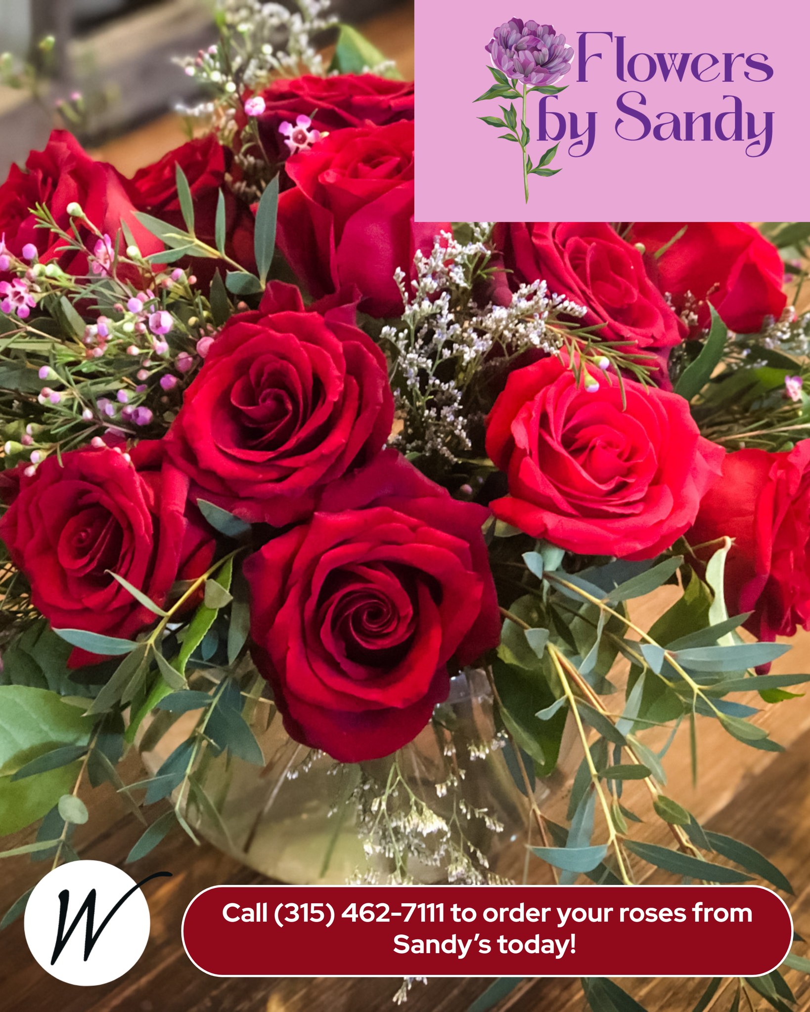 We are so pleased to share with you that we are partnering with Flowers by Sandy to bring you an extra special surprise for Valentine’s Day. If you have a reservation for this upcoming weekend, you can order a dozen roses in a vase (colors vary) from Sandys and have them delivered directly to your table for your reserved time.
Typically priced at $79.99 you can now place this order for only $55, an exclusive offer just for this occasion with no extra delivery fee!
Just give them a call at (315) 462-7111 to order your roses today! We can’t wait to host you this Valentine’s Day.