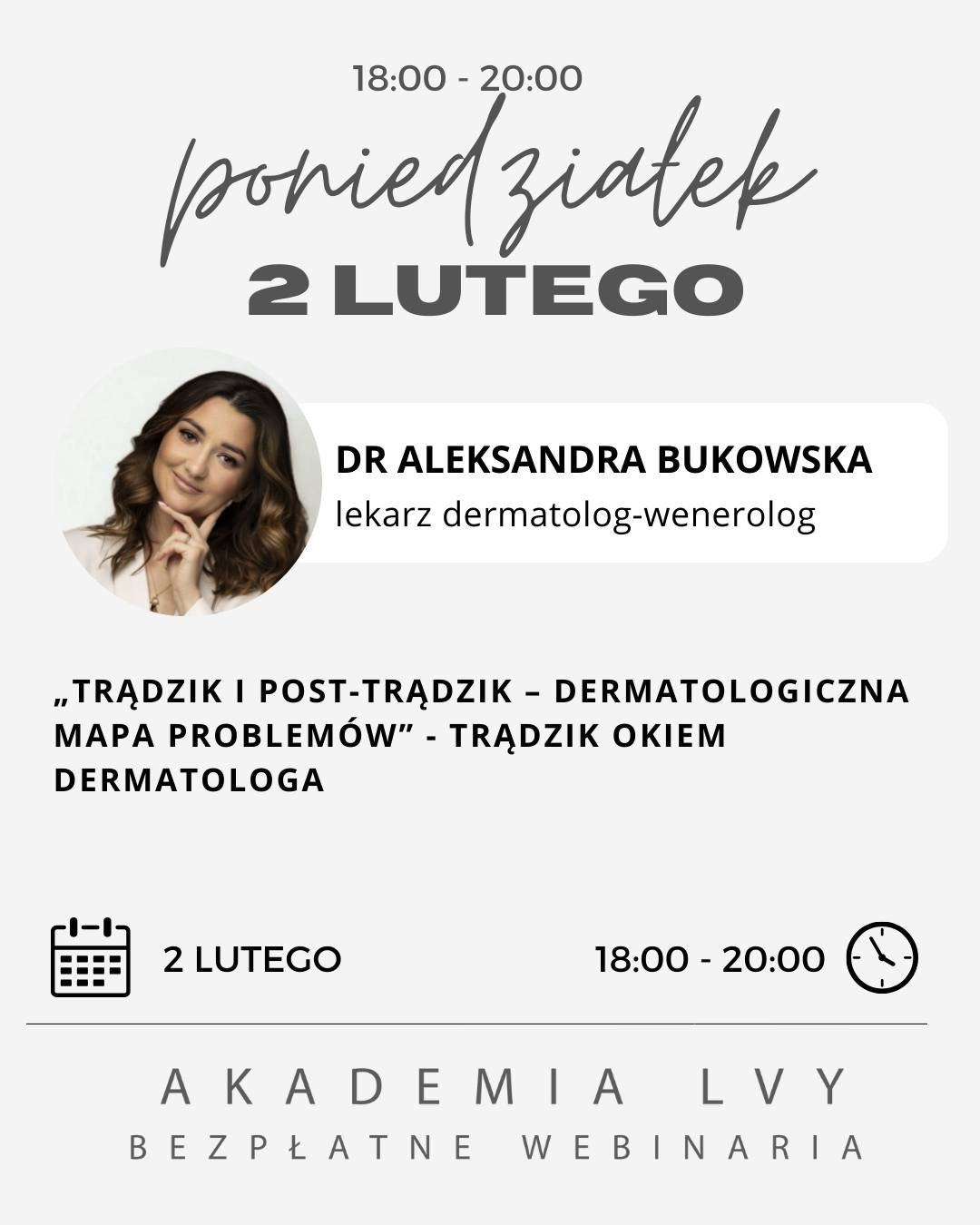‼️ UWAGA ‼️ NOWA DATA WEBINARIUM - 18.02 (środa)
„Trądzik i post-trądzik – dermatologiczna mapa problemów”
Czy wiesz, że wiele osób latami walczy z trądzikiem, bo… diagnoza od początku była nieprecyzyjna? Ten webinar to Twoja szansa, by zrozumieć trądzik od A do Z — oczami dermatologa.
2 lutego 2026 spotykamy się online, aby rozłożyć każdy rodzaj trądziku na czynniki pierwsze: hormonalny, kosmetyczny, mechaniczny, polekowy czy związany z dietą. Dowiesz się, jak odróżniać typy zmian, kiedy nie wykonywać zabiegów i jak planować terapię, by nie zaostrzać stanu zapalnego.
To szkolenie pokaże Ci, co naprawdę pogłębia trądzik, jaką rolę ma stres, jakie błędy popełniają pacjenci, a przede wszystkim — jak dermatolog buduje strategie walki z bliznami potrądzikowymi.
Jeśli chcesz świadomie prowadzić pacjentów z trądzikiem i budować efektywne, bezpieczne terapie — to spotkanie jest dla Ciebie.
@dr_bukowska