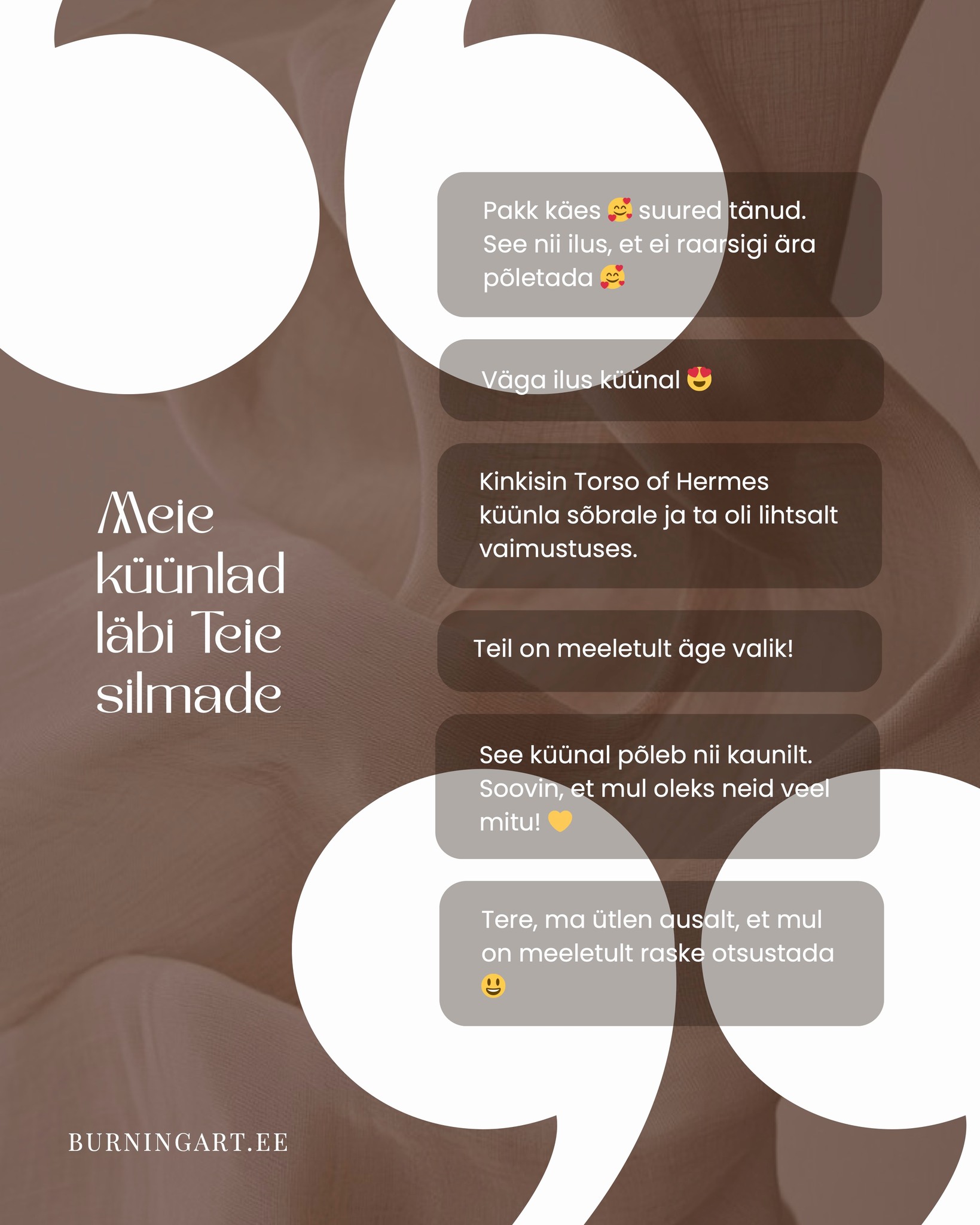 ✨ Aitäh Teie soojade tagasisidete eest! ✨
Meie Burning Art käsitööna valmistatud küünlad on loodud tooma koju soojust, rahu ja hubasust, ning Teie sõnad ja emotsioonid teevad meie töö veelgi erilisemaks. 🕯️🤍
Teie kogemused ja jagatud hetked annavad meile inspiratsiooni jätkata loomist. Aitäh, et olete osa Burning Arti maailmast! 💛
🫶 burningart.ee
#klienditagasiside #soojadsõnad #käsitööküünlad #hubanekodu #küünlavalgus #burningart #eestibränd #looduslikkus #käsitöö #küünlaarmastus #aegiseendale