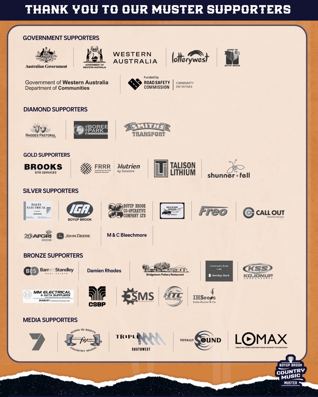 🤍 From the bottom of our hearts, thank you 🤠
As the dust settles on another unforgettable Boyup Brook Country Music Muster, we want to extend our deepest thanks to the sponsors and partners who helped make the 2026 Muster such a success. Your support powered the stages, the street carnival, the awards, the community moments and everything in between.
From government funding bodies and community partners to local businesses and media supporters, your belief in regional music, storytelling and connection allows the Muster to keep growing while staying true to its roots.
We are incredibly grateful to every organisation who stood beside us, backed our vision, and helped bring thousands of people together in the spirit of country music and community. This event truly would not be possible without you.
Thank you for helping us kick it country, Boyup Brook style 🤍🎶
#WAtheDreamState