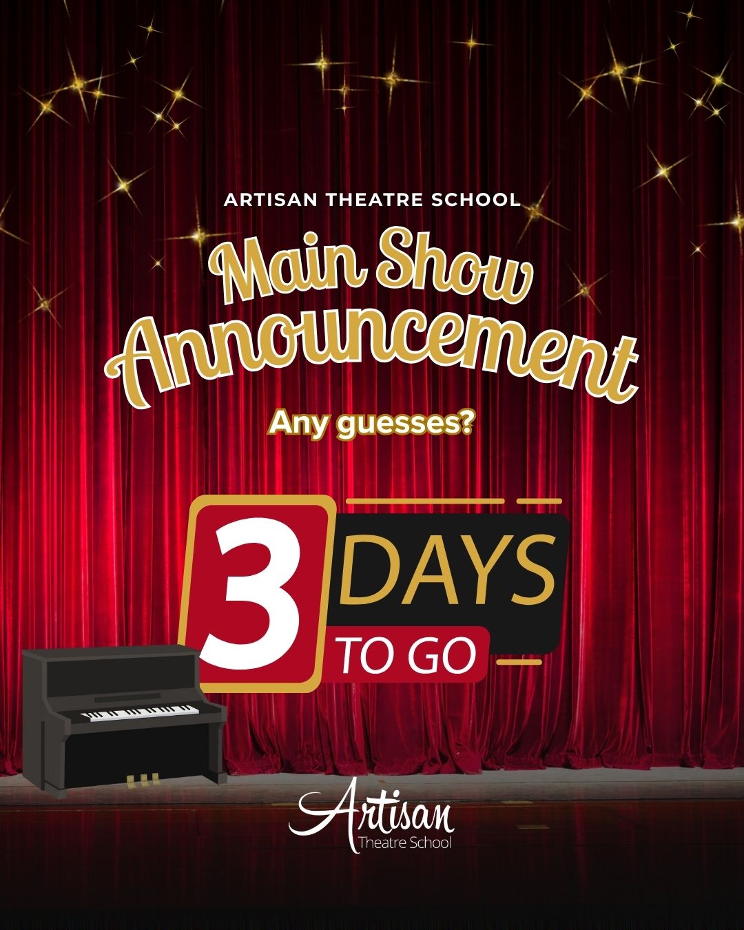 ✨ 3 days to go… ✨
Our next production is almost ready to be revealed – and we cannot wait to share it with you.
Clue: Think high energy, big songs, huge dance numbers and unforgettable characters 🎤🕺💃
Have you guessed it yet? Comment below 👇
#3DaysToGo #ShowReveal #ArtisanTheatre #MusicalTheatreKids #StageDreams