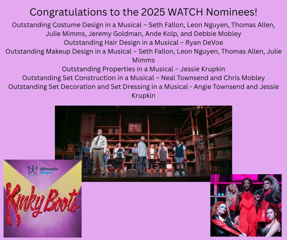 Thank you to the Washington Area Theatre Community Honors (WATCH Awards) for 18 nominations for Kinky Boots, Seussical, and The Crucible! Congratulations to these incredibly talented and amazingly awesome people!
Kinky Boots:
Outstanding Costume Design in a Musical – Joshua Franklin, Seth Fallon, Leon Nguyen, Thomas Allen, Julie Mimms, Jeremy Goldman, Ande Kolp, and Debbie Mobley
Outstanding Hair Design in a Musical – Ryan DeVoe
Outstanding Makeup Design in a Musical – Joshua Franklin,, Seth Fallon, Leon Nguyen, Thomas Allen, Julie Mimms
Outstanding Properties in a Musical – Jessie Krupkin
Outstanding Set Construction in a Musical – Neal Townsend and Chris Mobley
Outstanding Set Decoration and Set Dressing in a Musical – Angie Townsend and Jessie Krupkin
Outstanding Set Design in a Musical – Sammy Jungwirth
Outstanding Sound Design in a Musical – Val Smith
Outstanding Cameo in a Musical – Henry Cyr as Harry/Richard Bailey
Outstanding Featured Performer in a Musical – Maddie Ervin/Cera Baker as Lauren
Outstanding Lead Performer in a Musical – Joshua Franklin as Lola/Simon
Lena Hall Outstanding Ensemble Award - Kinky Boots Cast
Outstanding Musical – Ande Kolp, Producer and Tyler Hart, Stage Manager
Seussical:
Outstanding Lighting Design in a Musical – TJ Lukacsina
Outstanding Lead Performer in a Musical – Matt Wetzel as Cat in the Hat
The Crucible:
Outstanding Costume Design in a Play – Zen Tabligan
Outstanding Direction of a Play – Henry Cyr
Outstanding Play – Ande Kolp, Producer and Dana Bonistalli, Stage Manager