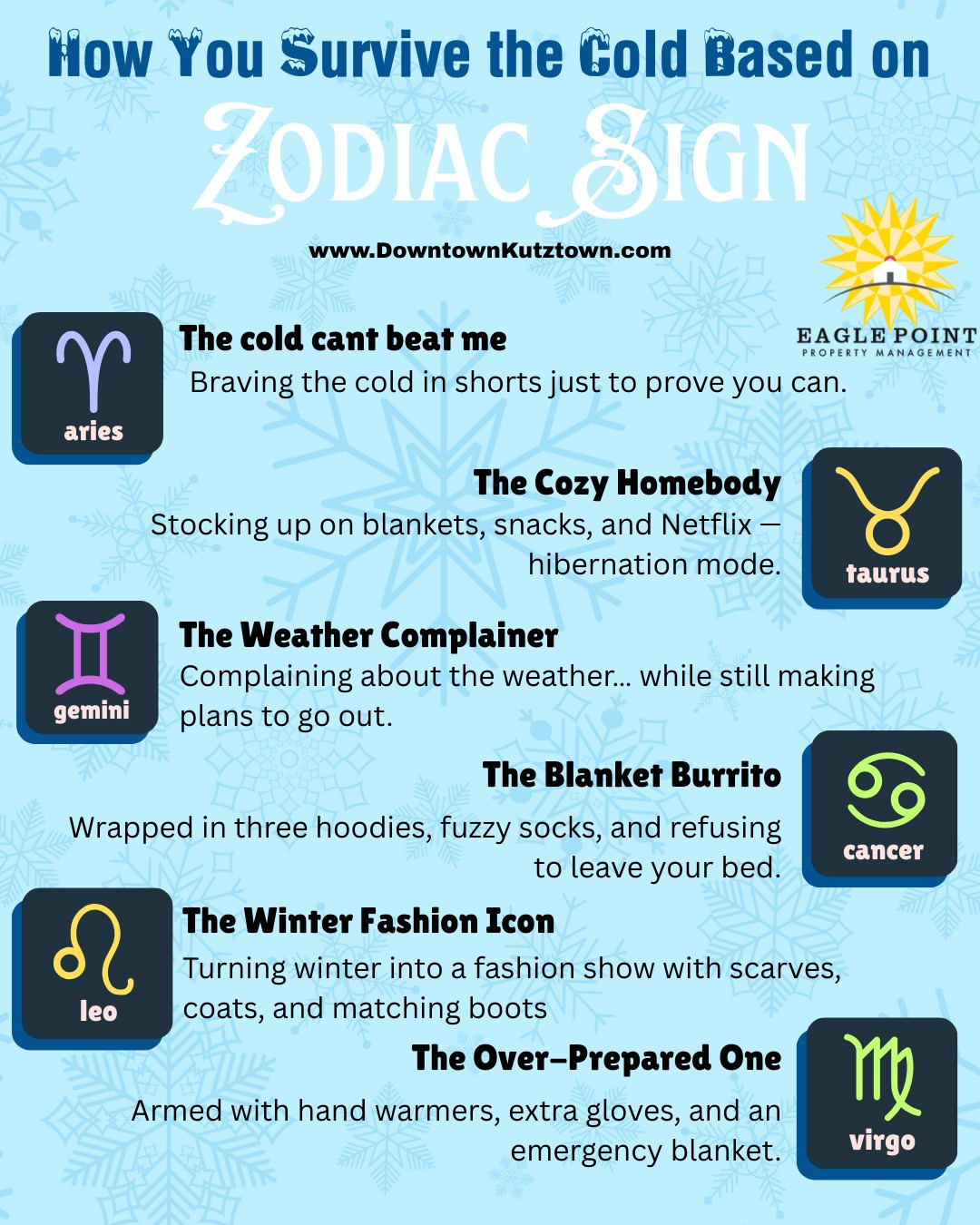 ❄️ Winter survival looks different for every zodiac sign… Which one are you? 👀♈♉♊#eaglepoint #downtownkutztown #KU #goldenbears #kutztownuniversity #livehowyouwantto #EPPM #February #college #zosiacsigns #cold