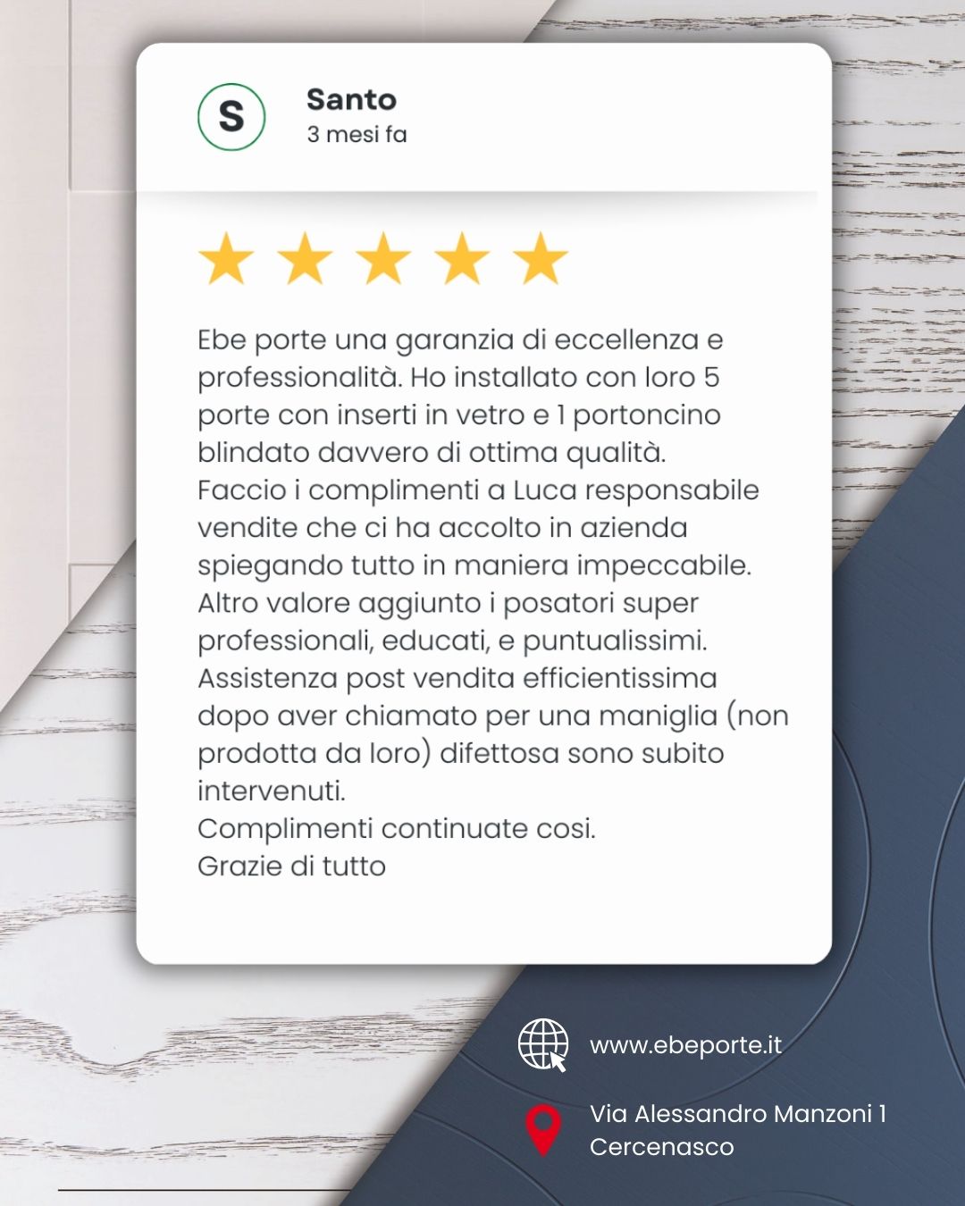 5 Porte + 1 Blindato = Una casa sicura e bellissima!
🏡💎
"Ebe Porte è una garanzia di eccellenza e professionalità" - Parola di Santo!
Dalla consulenza esperta di Luca alla precisione dei nostri posatori, fino a un'assistenza post-vendita sempre presente e risolutiva.
Il segreto del nostro successo? Prenderci cura di ogni dettaglio, anche dopo l'installazione. 🚀
⭐⭐⭐⭐⭐ Vuoi anche tu un'esperienza a 5 stelle?
Vieni a trovarci in showroom!
#Eccellenza #EbePorte #HomeImprovement
#PorteDiQualità #RecensioneTop #Blindati
#VetroDesign