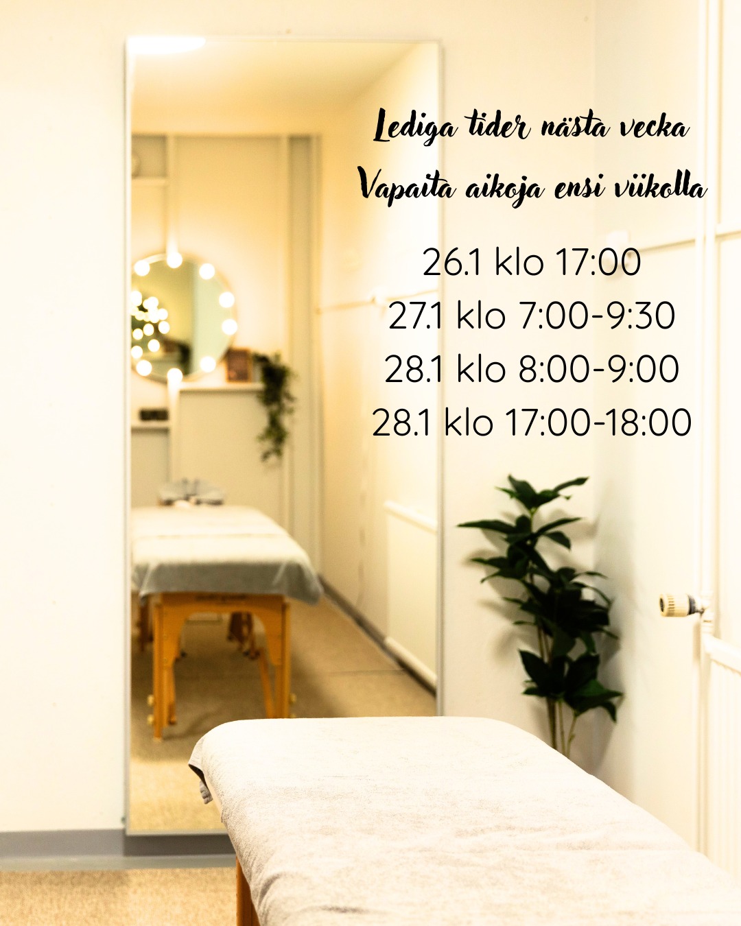 Boka din tid via mail, telefon, instagram-meddelanden eller facebook!💚
Telefon: 0406745337 📞
Mail: victoria@fysiovictoria.fi ✉
✨✨✨✨✨✨✨✨✨✨✨✨✨✨✨✨✨
Varaa aikasi sähköpostitse, puhelimitse, Instagram-viestillä tai Facebookissa! 💚
Puhelin: 0406745337 📞
Sähköposti: victoria@fysiovictoria.fi ✉️