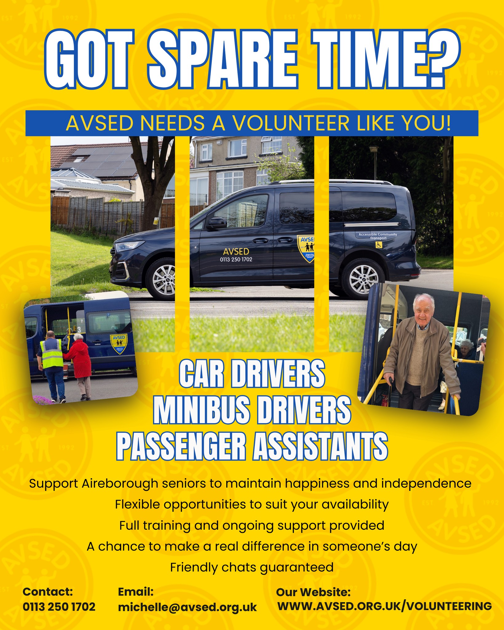 🚗💛 Got a little spare time? You could change a life. 💛🚗
We’re looking for friendly, reliable volunteers to give a few hours during the week to drive our car, your car, or our minibus, or to join us as a Passenger Assistant.
By volunteering with AVSED, you’ll be helping Aireborough Seniors access life-changing social activities — reducing loneliness, building confidence, and making sure no one misses out simply because they can’t get there on their own.
Volunteering isn’t just about what you give — you can get just as much out of it too. Share your skills, learn new ones, build confidence, meet new people, and be part of a supportive, welcoming team that genuinely values your time.
You don’t need to commit to every day. Even one morning or afternoon a week can make a huge difference.
👉 Visit www.avsed.org.uk/volunteering
or email michelle@avsed.org.uk
to learn more.
Drive. Support. Connect. Make a difference. 💛🚗