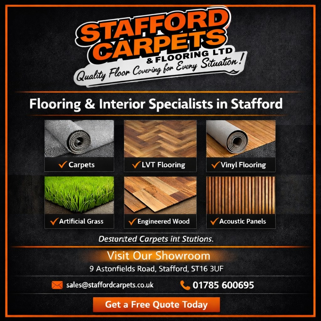 Upgrade your space with Stafford’s flooring specialists 🧡🖤
From luxurious carpets to modern LVT, engineered wood, vinyl, artificial grass and acoustic panels — Stafford Carpets & Flooring Ltd supply and fit quality solutions for homes and businesses.
👣 Visit our Stafford showroom to:
✔ View a wide range of flooring samples
✔ See colours, textures & finishes up close
✔ Get expert advice tailored to your space
✔ Discuss domestic or commercial projects in person
Our experienced team are on hand to help you choose the perfect solution — no pressure, just honest advice.
📍 Showroom: 9 Astonfields Road, Stafford, ST16 3UF
📞 01785 600695
📧 sales@staffordcarpets.co.uk
👉 Get your free quote today
#StaffordCarpets #StaffordFlooring #VisitOurShowroom #FlooringShowroom #Carpets #LVTFlooring #VinylFlooring #EngineeredWood #ArtificialGrass #AcousticPanels #HomeImprovement #InteriorDesign #CommercialFlooring #DomesticFlooring #StaffordBusiness #ShopLocalStafford