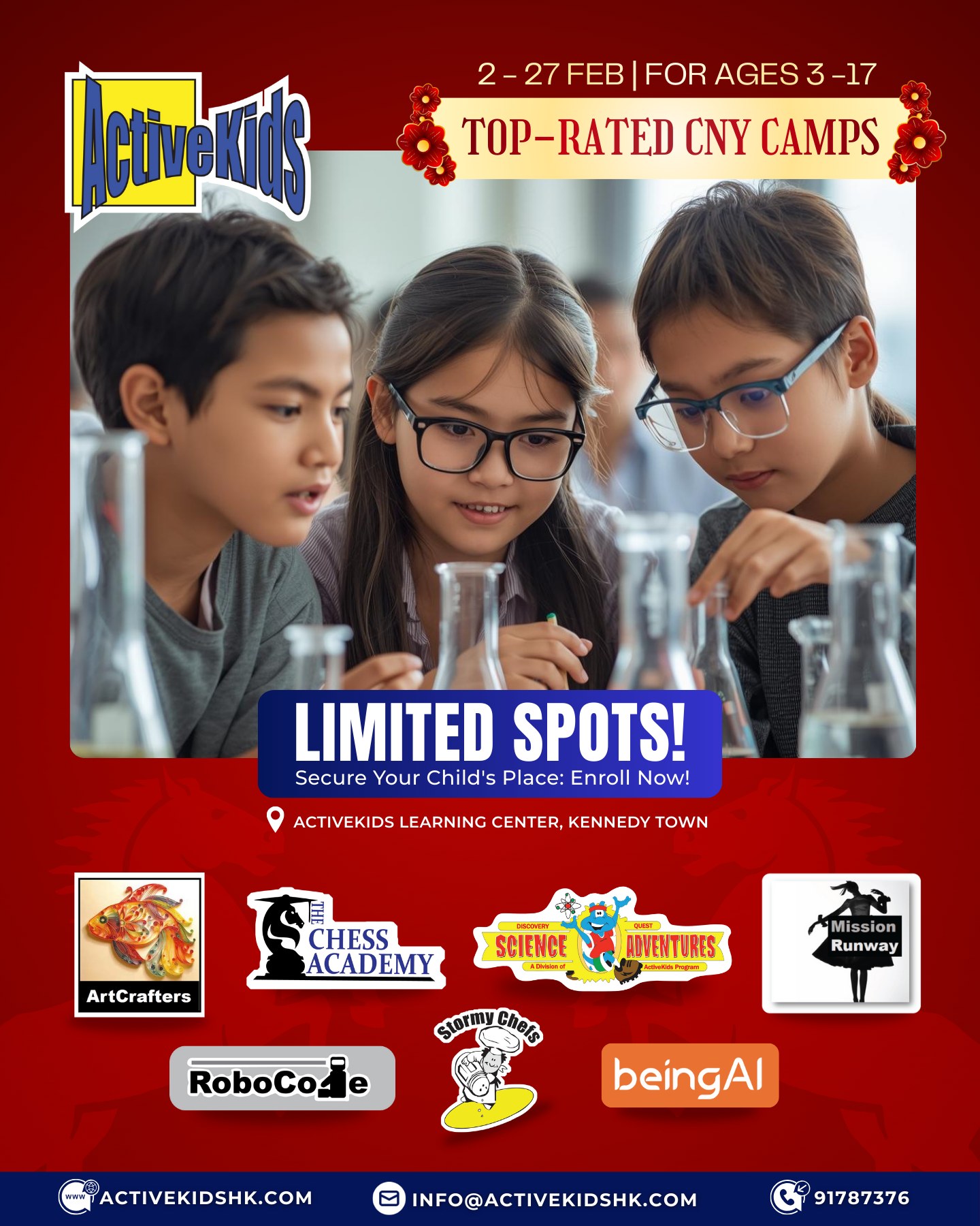 CNY plans = Sorted! 🧧✨ Give your child a holiday filled with strategy, creativity, and confidence.
ActiveKids CNY Camps are BACK with 7 action-packed adventures for ages 3-17! From mastering the chessboard to creating our own AI beings, we’re delivering high-energy, expert-led courses that turn curiosity into real-world skills. 🚀
Choose Your Adventure:
- beingAI (NEW!): Create your own interactive AI beings.
- The Chess Academy (TCA): Learn from world-class Grandmasters with courses for all levels.
- Science Adventures: Explore physics and new inventions at Gizmo Gadgets and Goop!
- Stormy Chefs: Cook festive treats like Money Bag Dumplings.
- RoboCode: Master robotics and coding.
- Mission Runway: Create a fashion collection for a live runway show.
- ArtCrafters: Design seasonal art for an exciting exhibition.
📅 2 - 27 Feb 2026 📍ActiveKids Learning Center, Kennedy Town
⚠️ Limited spots available! These high-demand camps fill up fast.
🔗 Link in Bio to enroll now! #TheChessAcademy #ActiveKidsHK #CNY2026