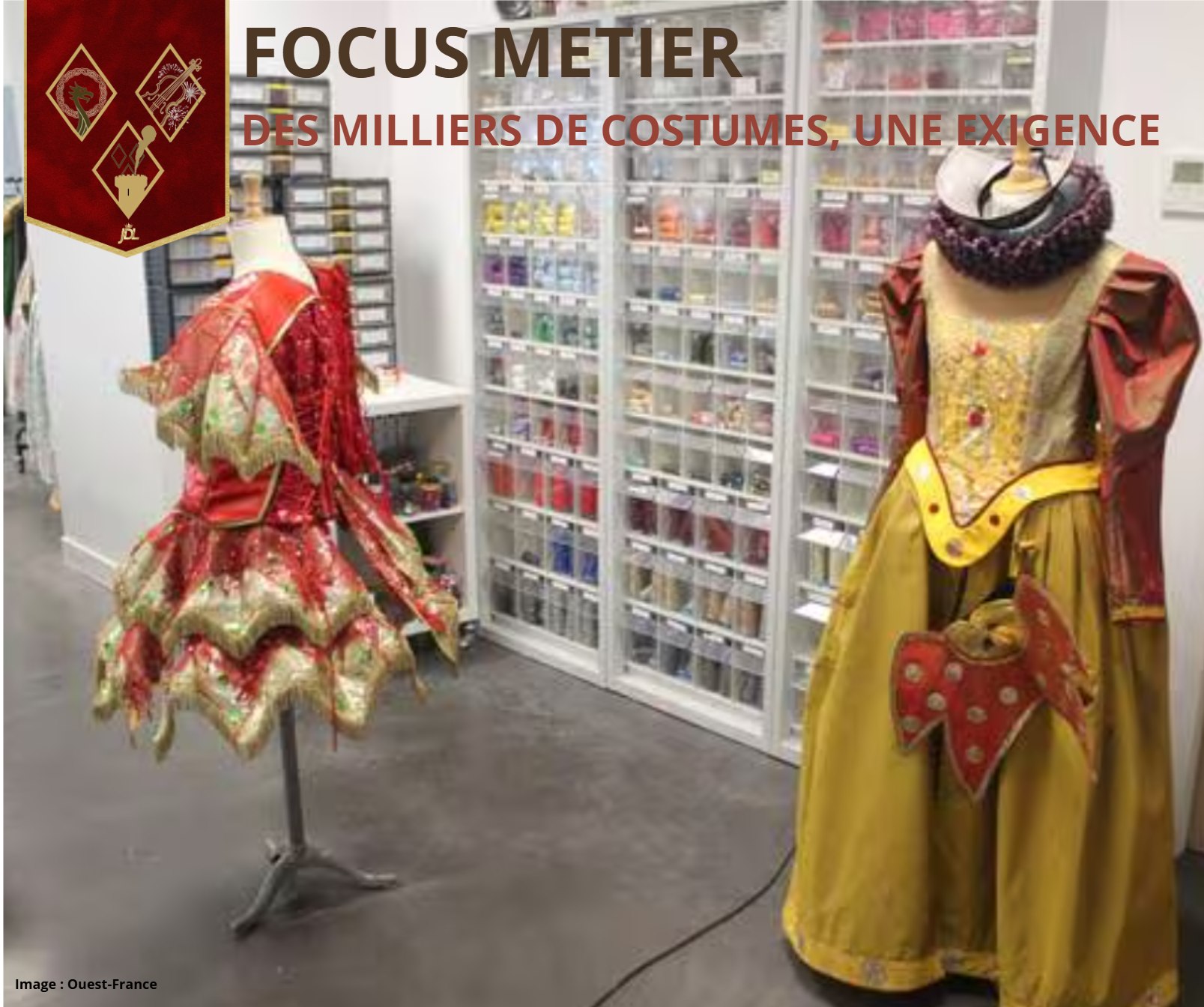 🛡️ 𝐅𝐎𝐂𝐔𝐒 𝐌𝐄́𝐓𝐈𝐄𝐑 : 𝟓𝟕𝟎𝟎𝟎 𝐂𝐎𝐒𝐓𝐔𝐌𝐄𝐒, 𝐔𝐍𝐄 𝐒𝐄𝐔𝐋𝐄 𝐄𝐗𝐈𝐆𝐄𝐍𝐂𝐄 🧵👗
Saviez-vous que le Puy du Fou possède l'un des plus grands ateliers de couture d'Europe ? Ici, on ne fabrique pas des déguisements, mais des reconstitutions historiques.
𝑫𝑨𝑵𝑺 𝑳'𝑨𝑻𝑬𝑳𝑰𝑬𝑹 : 🧵 Matières nobles : Cuir, soie, velours, lin... chaque tissu est choisi pour sa résistance et son réalisme historique.
🧵 𝑬𝒏𝒕𝒓𝒆𝒕𝒊𝒆𝒏 𝒅𝒆 𝒈𝒆́𝒂𝒏𝒕 : Entre deux représentations, il faut nettoyer, réparer et ajuster les milliers de tenues des cavaliers, danseurs et villageois.
🧵 𝑳𝒆 𝒔𝒆𝒄𝒓𝒆𝒕 : Certains costumes cachent des astuces incroyables pour permettre des changements de vêtements en moins de 10 secondes en coulisses !
Si vous deviez porter un costume du parc pendant une journée, lequel choisiriez-vous ? La robe d'une reine ou l'armure d'un chevalier ? 👑