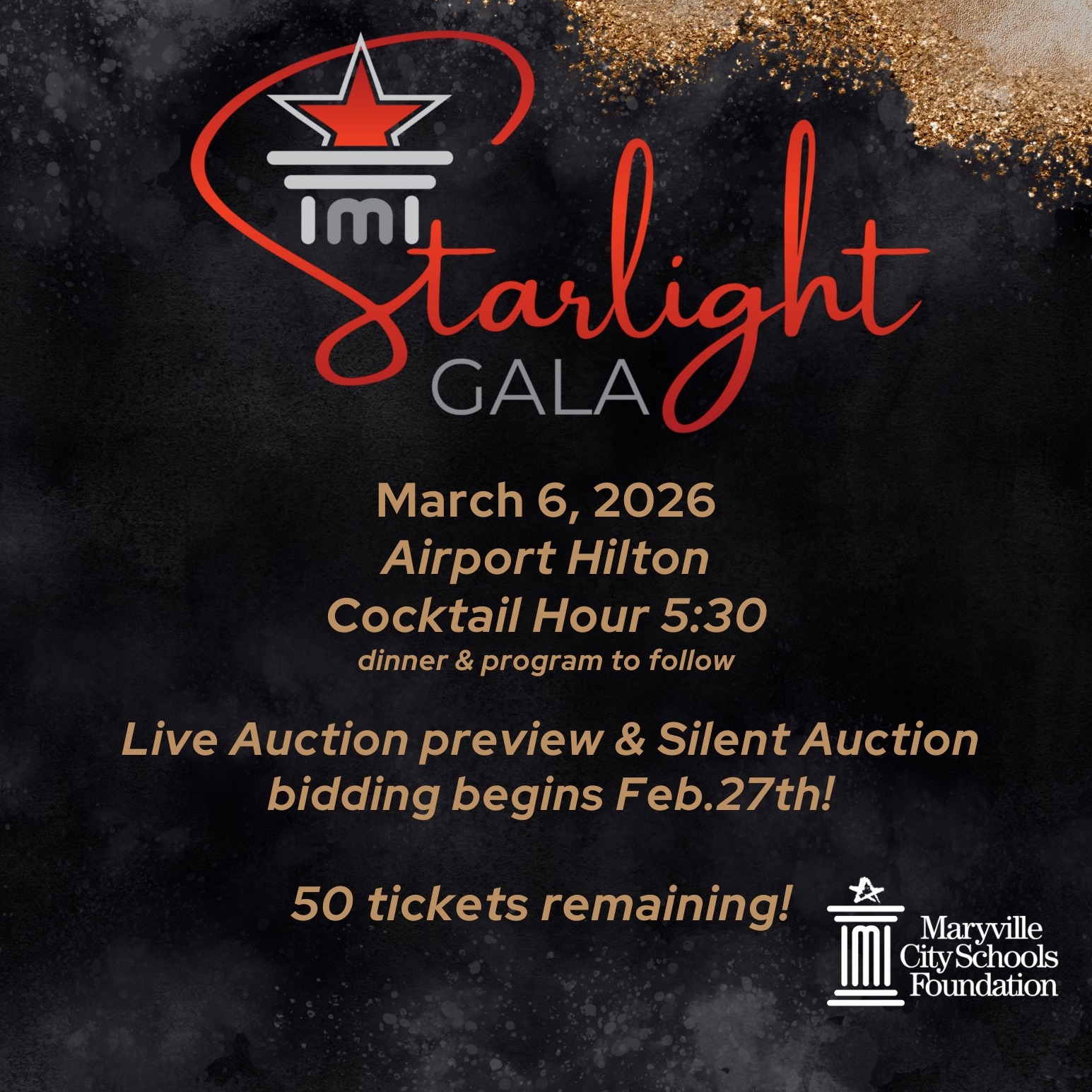 The 2026 Starlight Gala is six weeks from tomorrow! Tables and tickets are selling quickly - only 50 seats remaining! For tickets, please visit: https://givebutter.com/c/3QT7Gy
Please contact our office if you have any questions: 865.982.7121 or mcsf@maryville-schools.org
We hope to see you March 6th!
Maryville City Schools Maryville High School Maryville Junior High School Coulter Grove Intermediate School Montgomery Ridge Intermediate School Foothills Elementary School John Sevier Elementary @sam.houston.elementary