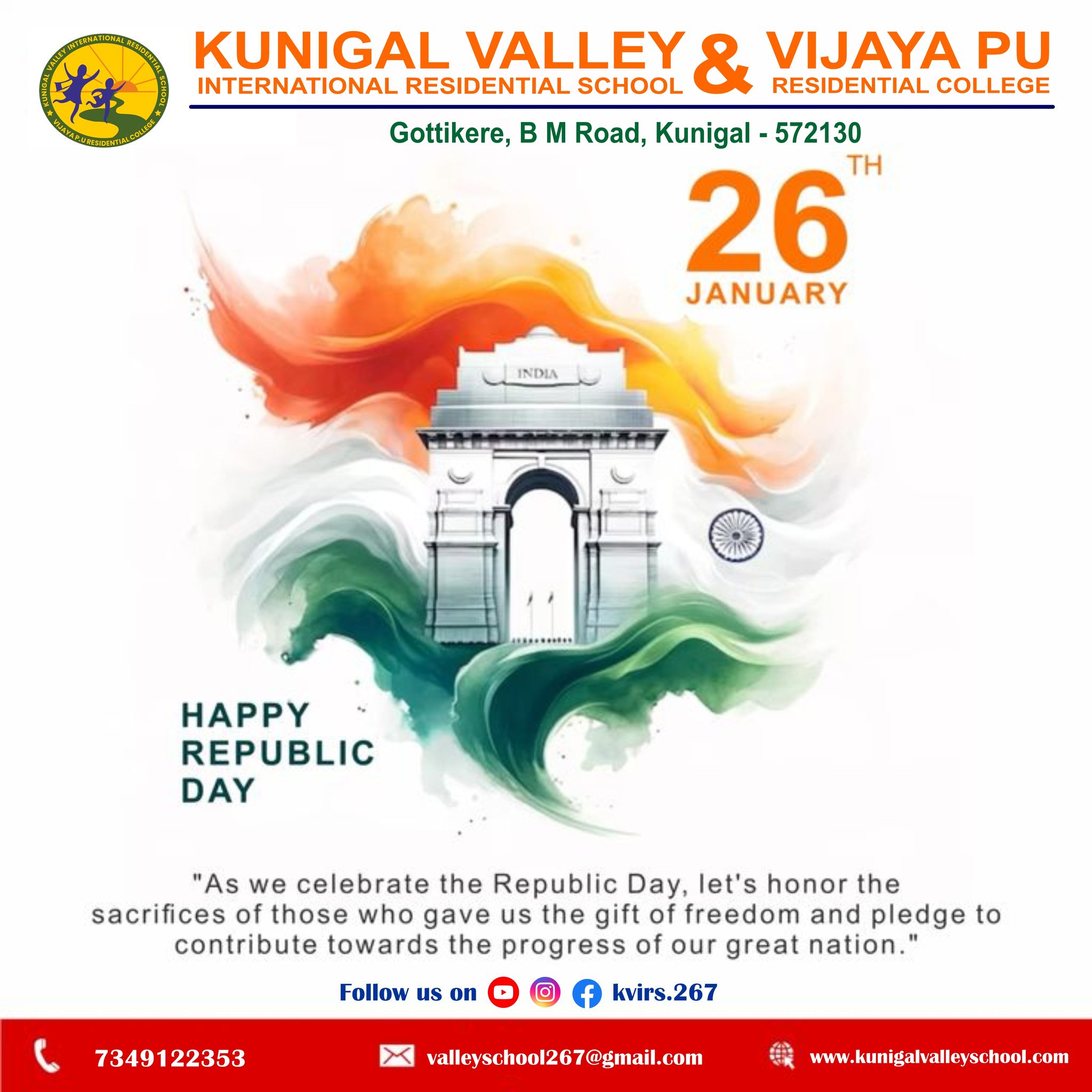 KVIRS & VPUC extend warm wishes on the occasion of Republic Day.
Let us honor our Constitution and inspire our students to uphold the values of unity, integrity, and patriotism.
Happy Republic Day!
#RepublicDay #KVIRS #VPUC #26January #ProudIndian #JaiHind #UnityInDiversity #NationFirst #StudentLife