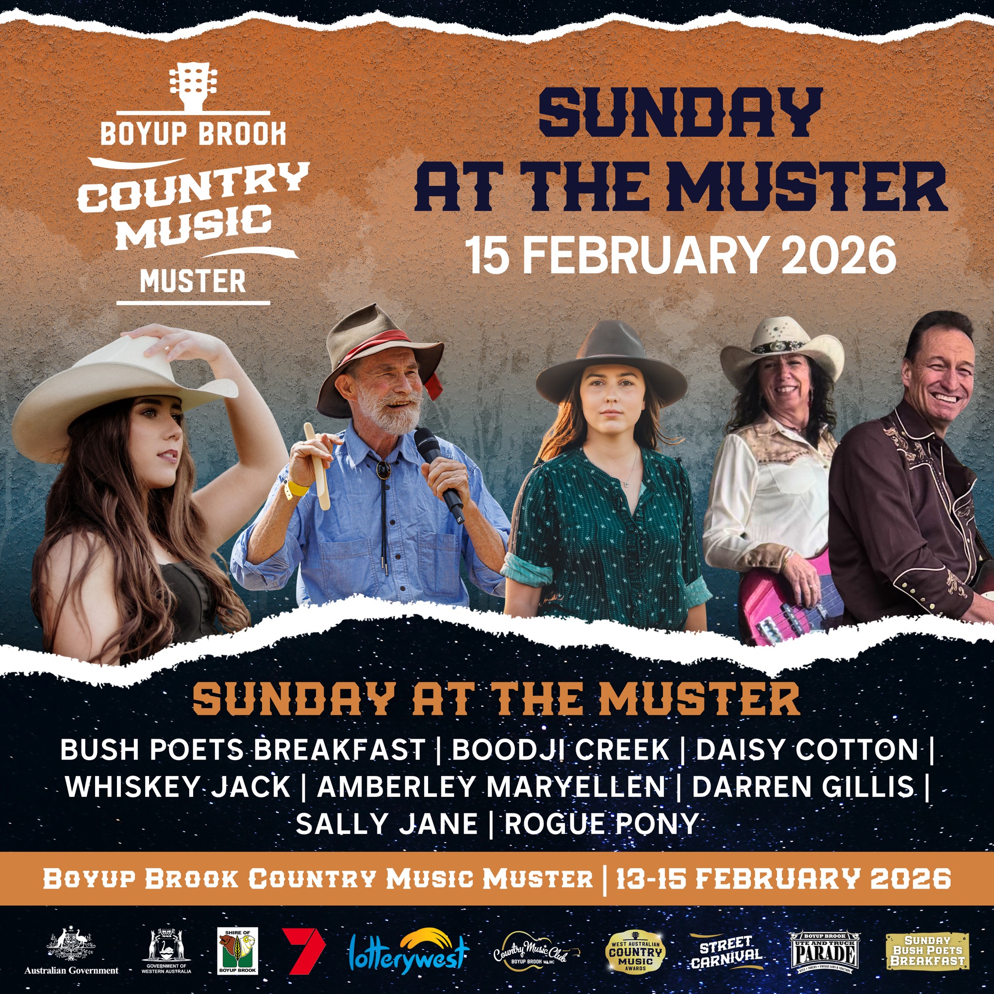 Sunday at the Muster is the feel good finale 🤠🎶
One last day of Main Stage country, laid back Boyup vibes, and those final sing along moments that hit a little harder because you know it’s the last round. Come soak it up and send the weekend off the right way.
🎟️ Tickets and info www.wacountrymusic.com.au
Amberley Maryellen | @boodjicreek | @sallyjanemusic | @rogueponybandwa | @darrengillismusic | @daisycottonmusic | @whiskeyjack
#WAtheDreamState
The Boyup Brook Country Music Muster is supported by the WA Government through Tourism WA and Royalties for Regions and is supported by Revive Live, an Australian Government initiative.
Western Australia | WA Government | Lotterywest