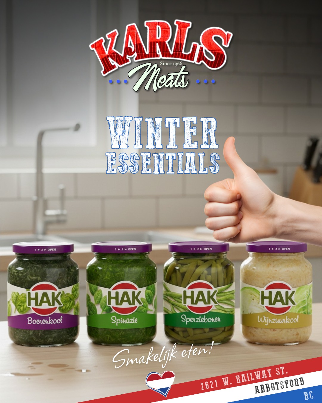 ❄️ Winter Kitchen Essentials 🇳🇱 ❄️
When the weather turns cold, these are the jars you’ll be glad you have on hand.
These four Dutch classics from HAK are made for hearty, comforting winter meals:
🥬 Boerenkool (Kale) – The backbone of traditional Dutch winter cooking. Rich, filling, and perfect with sausages or roasts.
🌱 Spinazie (Spinach) – Soft, comforting, and easy to pair with meat, potatoes, or a simple butter sauce.
🫘 Sperziebonen (Green Beans) – A reliable side that balances heavier winter plates.
🥬 Wijnzuurkool (Sauerkraut) – Bright and tangy, ideal with pork, kasseler, or smoked sausages.
No prep. No waste. Just honest vegetables ready when you need them — exactly what cold-weather cooking calls for.
👉 Stop by Karl’s Meats and stock up for the week ahead — these winter staples won’t last long once the cold sets in.
Smakelijk eten! 😋
— The Karl’s Meats Team 💪
#KarlsMeats #DutchKitchen #WinterCooking #ComfortFood #DutchHeritage #HAK #SupportLocal #EuropeanPantry #ColdWeatherCooking #HeartyMeals