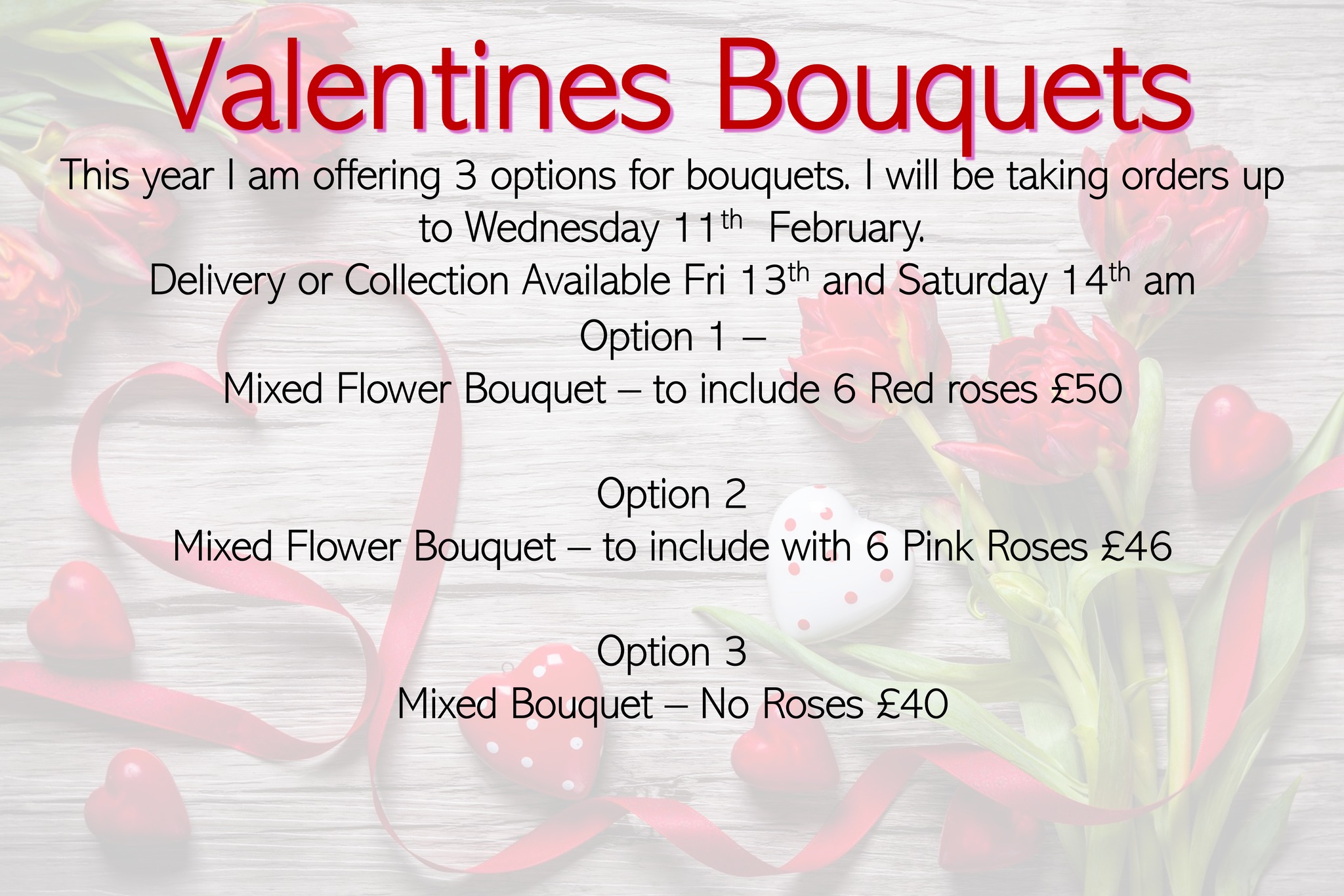 I am pleased to announce that my Valentine's/Galentine's Order book is now open for business. Three bespoke options are available, as outlined below. To place an order, kindly send a message specifying your preferred option.