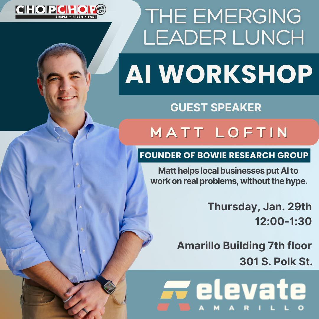 Join us TODAY at 12:00 pm on the 7th floor of The Amarillo Building at 301 S Polk St for our inaugural Emerging Leader Lunch!
Our Vice President, Matt Loftin, will present an AI workshop that you won’t want to miss!
