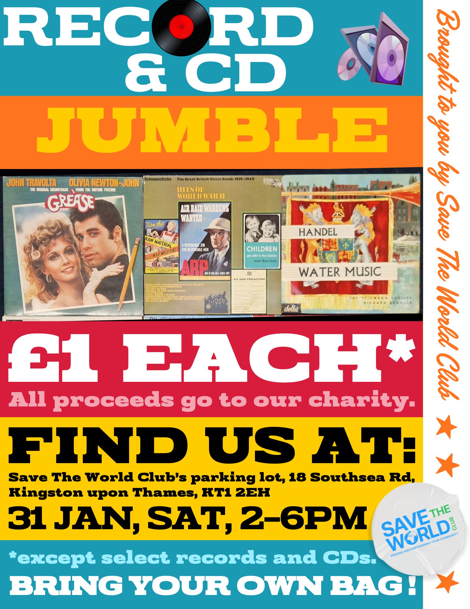 🚨TODAY🚨 Join us this afternoon from 2-6pm for a fantastic #Vinyl #Record and #CD Jumble at the STWC' charity warehouse. Most Records and CD's going for as little as £1, or 6 for £5 (except select pieces).
📍18 Southsea Rd, Kingston Upon Thames, KT1 2EH.
⏰2-6pm Sat 31st Jan.
🚗Charity carpark has limited yard spaces, on street paid parking also available.
We welcome you to share and hope you can make it!
#KingstonUponThames #Reuse #Vintage #Retro #Records #Jumble #CDs #vinylrecords #Music #Event #charityevent #charityshop #community #environmental #environment #kingston #surbiton #newmalden #tolworth #chessington