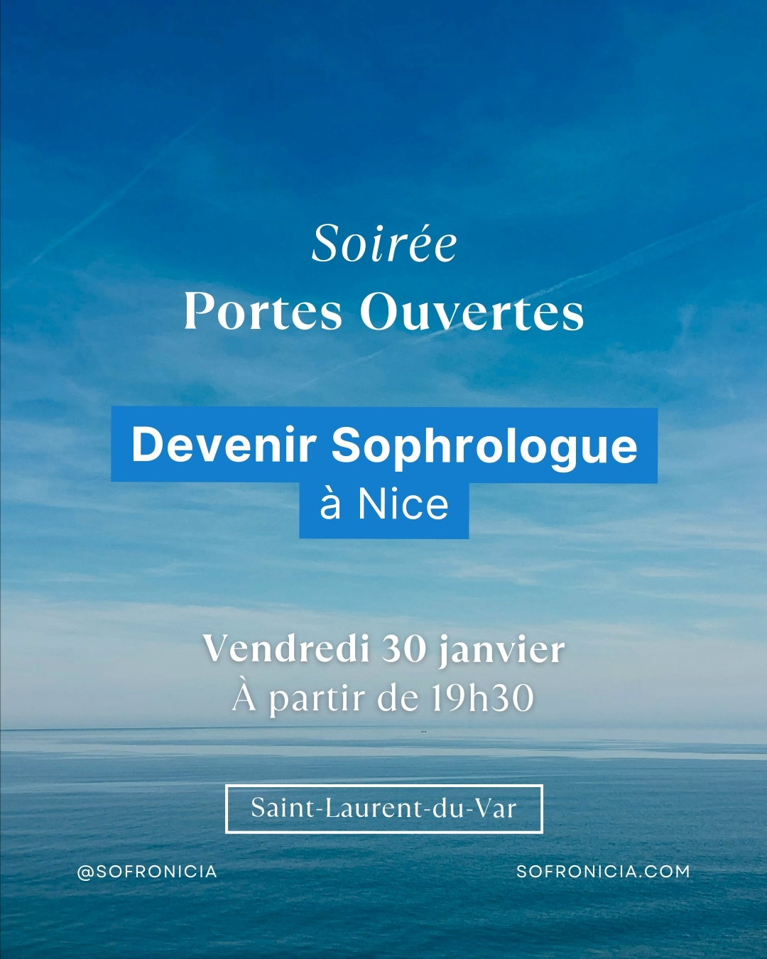 L’école Sofronicia, située à Saint-Laurent-du-Var, vous ouvre ses portes le vendredi 30 janvier à partir de 19h30 pour une soirée portes ouvertes conviviale, inspirante et informative.
Cette rencontre est une invitation à :
- Prendre un temps pour vous en ce début d’année
- Découvrir notre école et son approche de la sophrologie caycédienne
- Vous projeter sereinement dans un projet de formation porteur de sens, au service de l’accompagnement humain
- Vous informer sur les prochaines rentrées de formation en formules semaine (lundis et mardis) ou week-end à Nice, prévues au mois de mars
📍 Lieu : Sofronicia, 40 boulevard Jean Ossola, 06700 Saint-Laurent-du-Var
📅 Date : Vendredi 30 janvier
🕖 Horaire : 19h30
💬 Événement gratuit – sur inscription
Pourquoi participer ?
Un moment d’échange privilégié pour poser vos questions, rencontrer l’équipe et envisager la suite de votre parcours professionnel en toute clarté.
👉 Inscription obligatoire – places limitées
📧 ecole@sofronicia.com
📞 06 84 70 51 29
🌐 www.sofronicia.com
#sofronicia #devenirsophrologue #formationsophrologie #devenirsophrologuenice