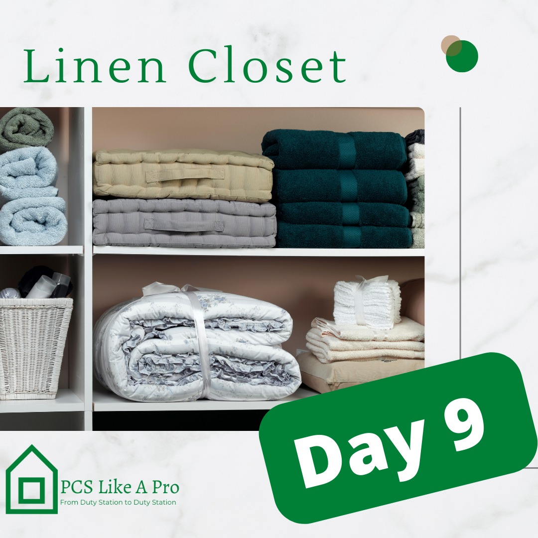 PCS Purge Day 9 - Linen Closet
This one may surprise you!
Let's again take everything out of the closet and wipe down those selves.
Starting with Towels - How many people are in your family? Most of the times you really only need 2 maybe 3 towels per person, and then maybe a few extra for guests. Any towels that are ripped, torn, or have frayed edges should consider being tossed or becoming pet or garage towels. Take note of your washcloths and hand towels and how many your family really uses.
Now Sheets - Most times you need 2 sets of sheets for each bed. If you're like my family, we also have another set of flannel sheets for wintertime. Any sheets missing their match should consider being removed from the closet along with any sheets that are worn down and running thin.
If you have blankets in this closet, take a moment to look through them as well for what is really used and what is just in there.
If you keep medication in this closet, take a moment to look at expiration dates. Pull out anything that is expired. Many pharmacy's like CVS or Walgreens have a spot where you can drop old or unused medicine. Any medicine that is opened put near the front to be used up first as needed.
#pcslikeapro #pcspurge