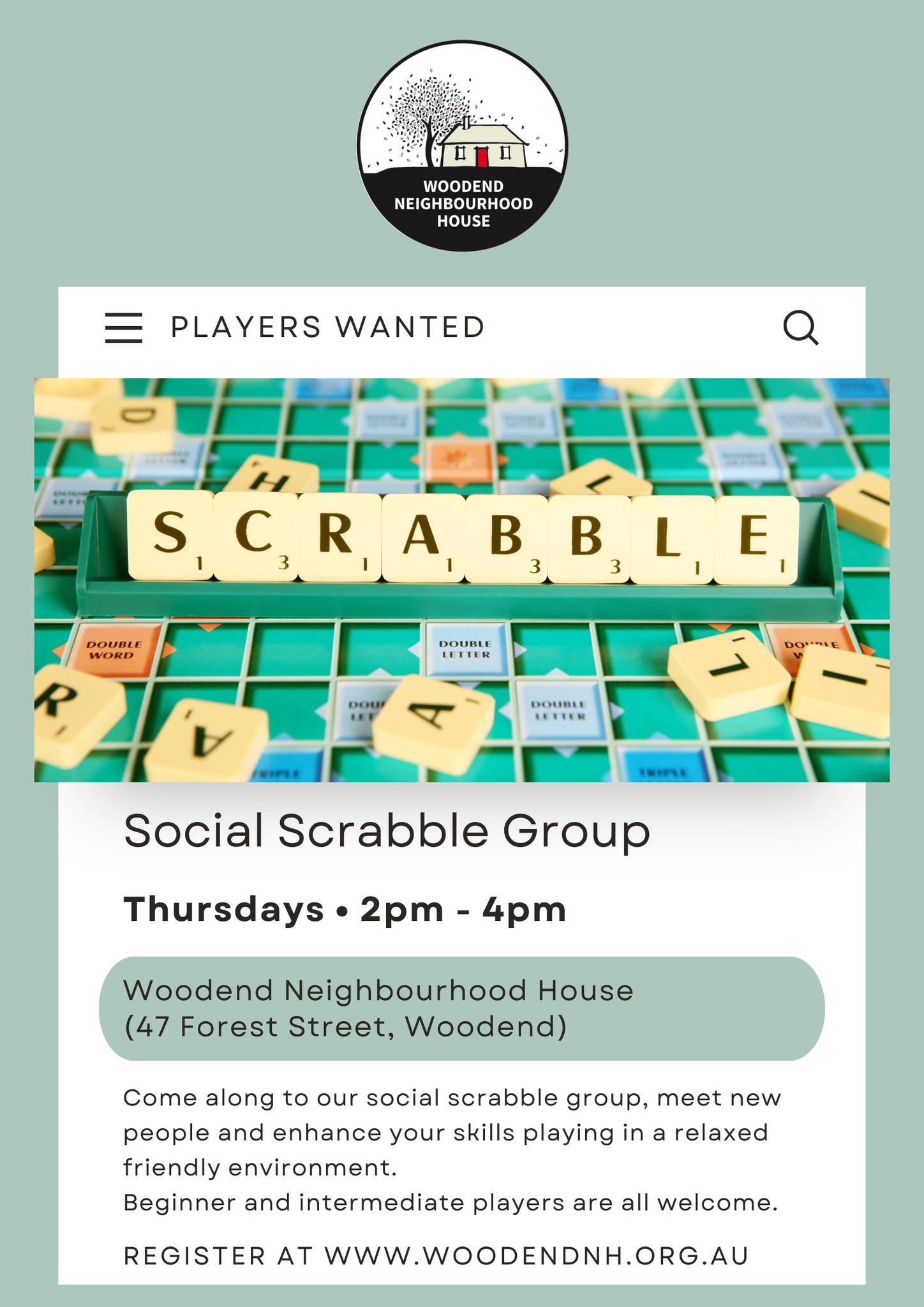๐ฃ Join Our Social Scrabble Group! ๐งฉ
Looking to meet new friends and enhance your Scrabble skills? Come along to our welcoming and relaxed environment! Whether you're a beginner or an intermediate player, everyone is welcome!
๐ When: Every Thursday
๐ Time: 2 PM - 4 PM
๐ Where: Shirley Perrott Lounge
๐ฐ Donation: Gold coin donation appreciated!
Don't forget to register your interest on our website or call us at 5427 1845 to ensure we have enough boards ready to go!
Grab your tiles and join the fun! ๐โจ