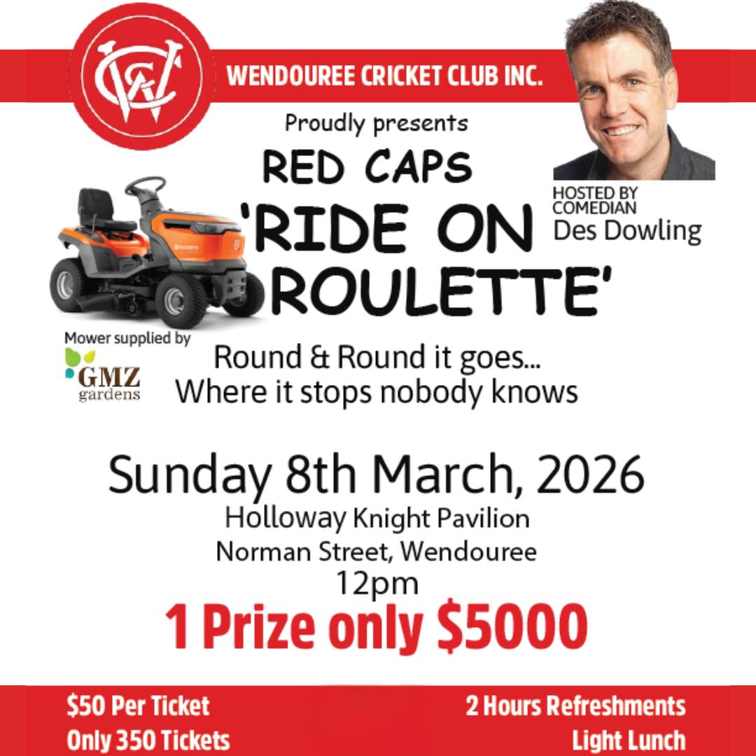 With just over a month out till our major fundraiser, the Red Caps 'Ride On Roulette', What better way to spend the long weekend with some great entertainment hosted by Des Dowling!
As the saying goes with Ride On Roulette... One of our fantastic sponsors GMZ Gardens have kindly donated a ride on for the day, with a limited amount of fuel!
Round it goes... Where it stops... Nobody knows!
ONE very lucky winner will take out the only prize of $5000!
Tickets are $50 each, 350 tickets only!
To get in the draw contact Woody on 0431 939 511, Visit him at the rooms on a Thursday night or contact the page.
Please note: - This is an Adults 18+ only event.