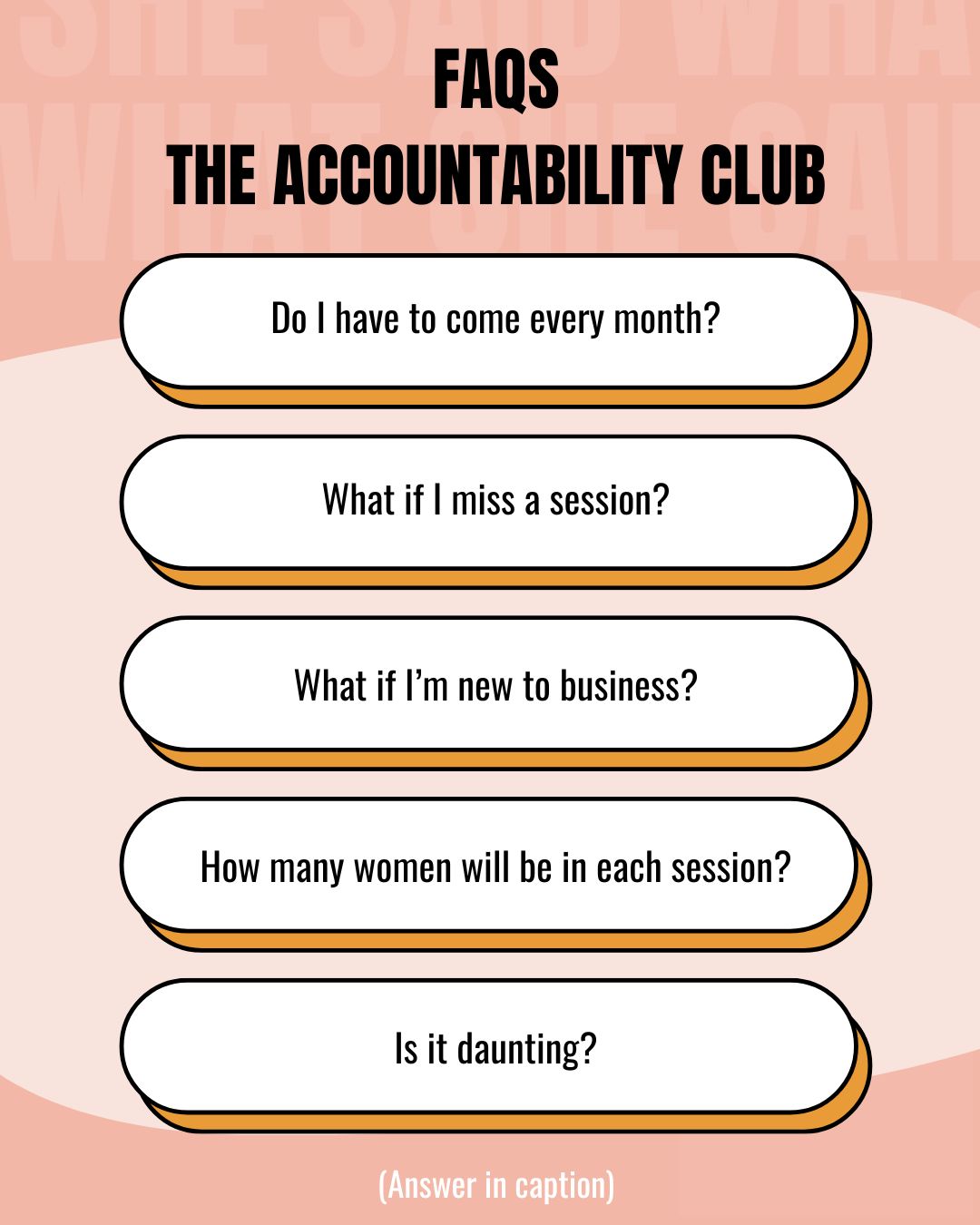 FAQs ✨
The Accountability Club
• Do I have to come every month?
• What if I miss a session?
• What if I’m new to business?
• How many women will be in each session?
• Is it daunting?
(Answer in caption)
### Caption:
A few quick Accountability Club FAQs 💛
Do I have to come every month?
Nope — you pick ANY six sessions across six months.
What if I miss a session?
You can reschedule one with 48 hours’ notice. After that, missed sessions simply count towards your six.
I’m new to business - is this for me?
Absolutely. As long as you’re running a service-based micro business, you’re welcome.
How many women are in each session?
Up to six. Sometimes even smaller - both formats work brilliantly.
Will I feel out of my depth?
Absolutely not. The space is supportive, straight-talking and judgement‑free.
👉 Link in bio for full details
👉 Collective members - member code is in your Hub
👉 Not a member yet? - link in bio
#WhatSheSaid #AccountabilityClub