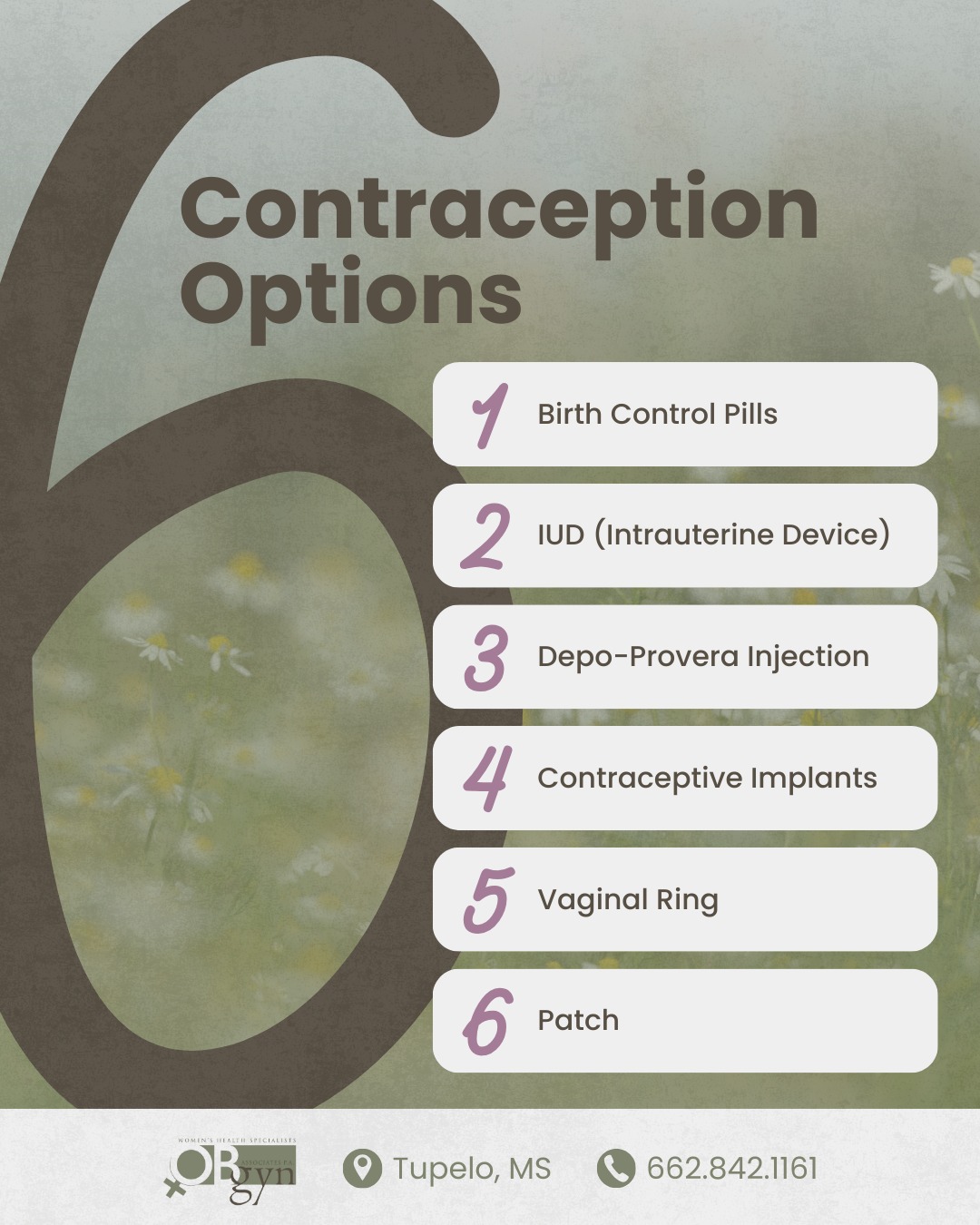 Understanding your options and finding the method that fits your lifestyle is key! Our team is here to answer your questions, guide you through your choices, and help you feel confident in your decisions.
📞 Call 662.842.1161 to schedule a consultation and explore your options today!
-
📍 1793 Cliff Gookin Blvd, Tupelo, MS 38801
-
#OBGYNAssociates #TupeloOBGYN #TupeloMS #OBGYN #WomensHealth #ContraceptionOptions #BirthControlChoices #ReproductiveHealth