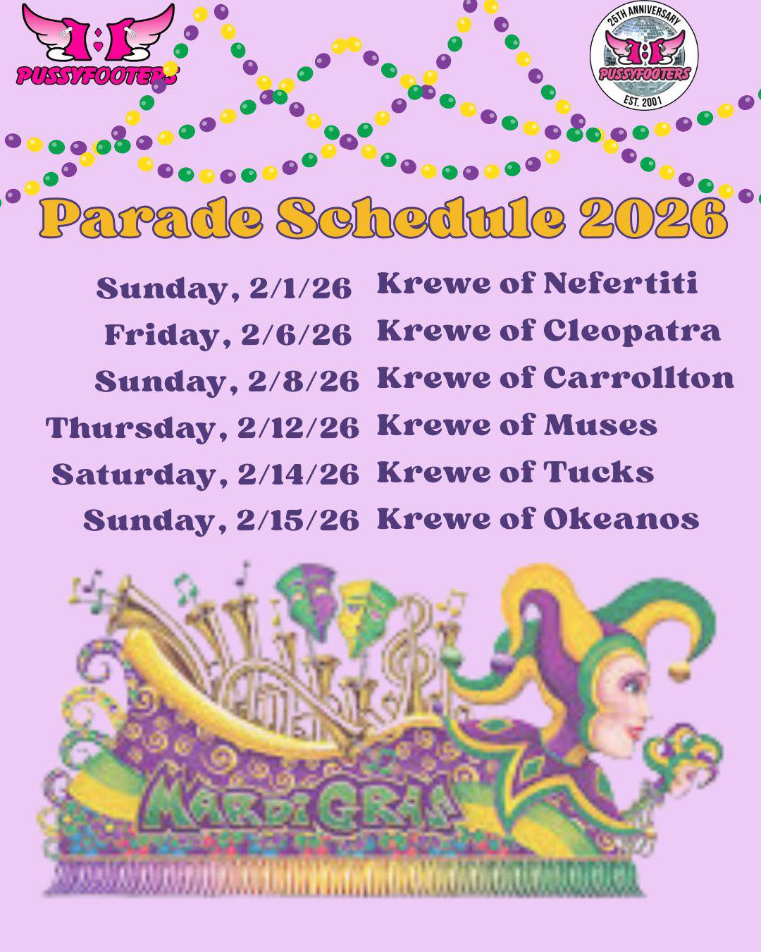 Pink, orange, and bling, it's a Mardi Gras thing 💜💛💚 🐱👢🩷🧡
We are excited to add Krewe of Nefertiti to our parade lineup this year.