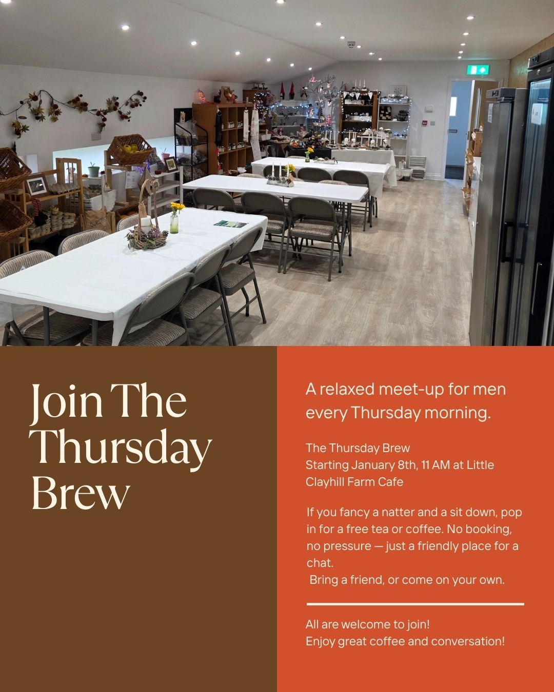 Don't miss our Thursday brew club for men tomorrow 11am -1pm. Free tea or coffee and a warm place to meet up with friends or make new friends. This one is for the men but we also have Cuppa and catch-up for Ladies on a Wednesday.