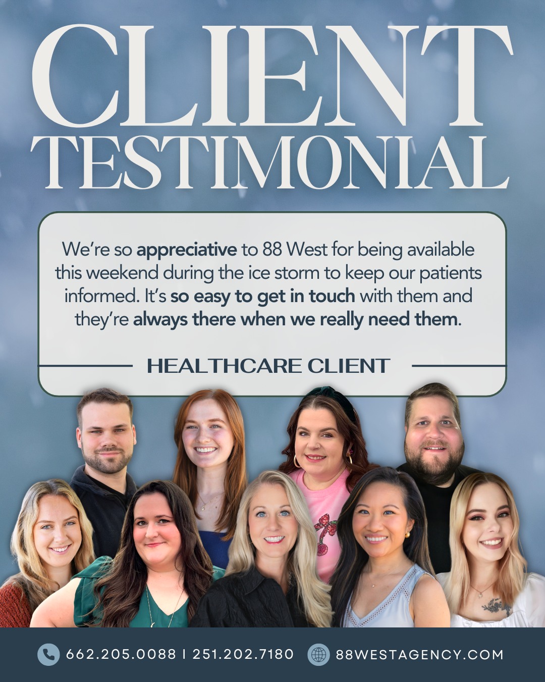 Going above and beyond isn’t extra—it’s just how we do business. 💛
When our clients need us, we’re there—always. Whether it’s after hours, unexpected moments, or critical updates, we believe showing up is part of the partnership.
📩 Ready for a marketing partner that truly has your back? Let’s talk.
-
📞 662.205.0088 | 251.202.7180
💻 88westagency.com
-
#88West #88WestAgency #HealthcareMarketing #SocialMediaMarketing #OurTeamIsYourTeam #AboveAndBeyond #TrustedPartner #Snowpocalypse #WinterWeather #WeatherAlerts