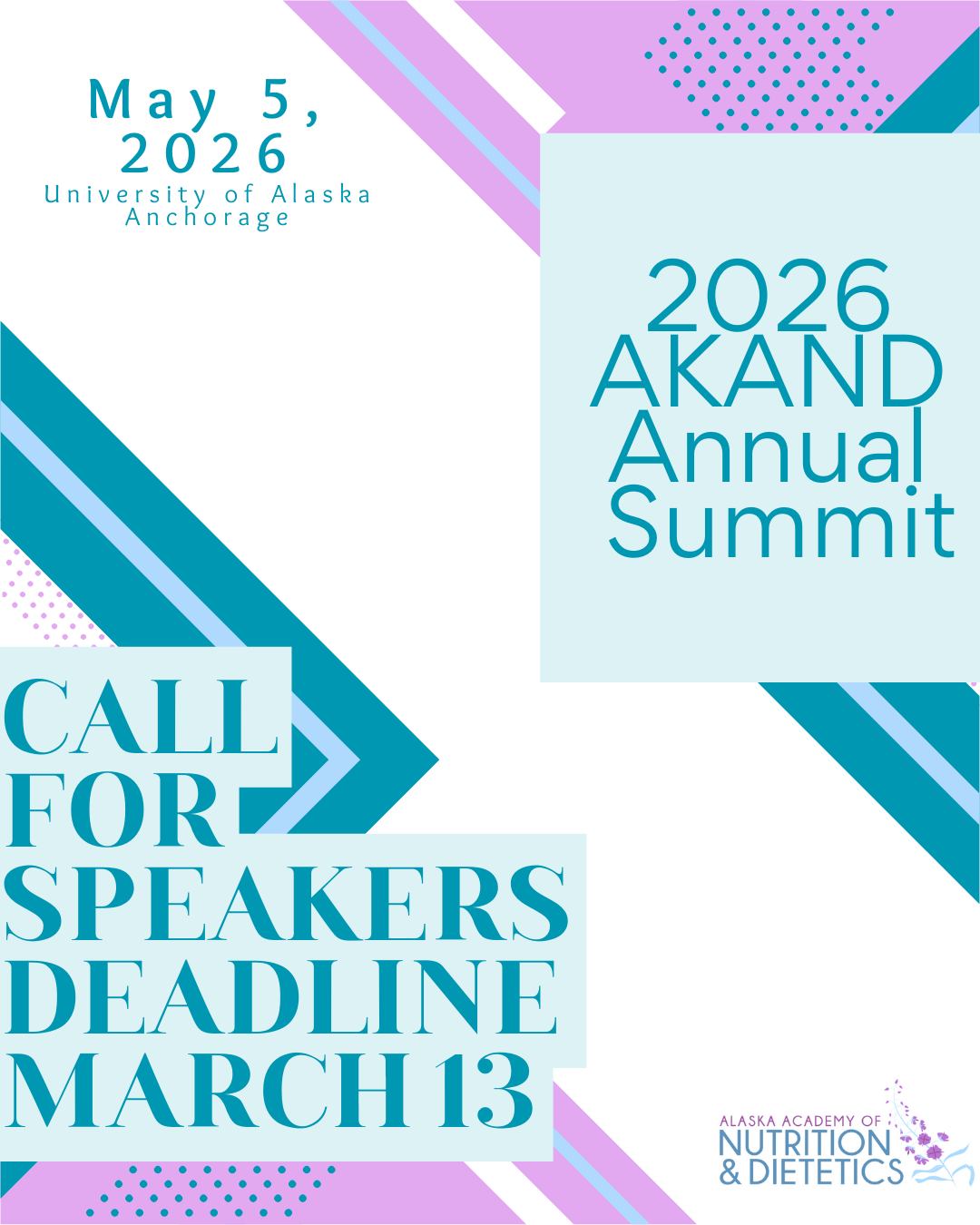 The AKAND Annual Summit Planning Committee is currently accepting speaker proposals for the Annual Summit which is planned for May 5, 2026 in Anchorage, AK at the University of Alaska Anchorage.
In exchange for your presentation your registration will be comped and a $50 honorarium will be offered.
All proposals are due on or before March 13, 2026, by electronic submission. Acceptance notification will be sent via email from AKANDExecDirector@gmail.com.
Submit today at the link in bio.