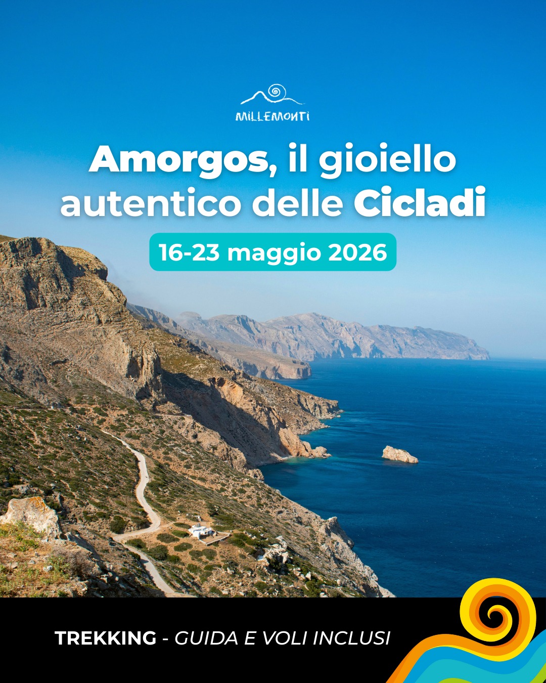 🇬🇷 A maggio ti aspetta un viaggio trekking nel cuore del Mar Egeo, tra panorami spettacolari e sentieri antichi! 🇬🇷
Si parte da #Santorini, iconica e scenografica, per raggiungere #Amorgos, un’isola selvaggia e poco turistica, perfetta per chi ama camminare e scoprire la #Grecia più autentica ☀️🌊
In compagnia di una Guida MilleMonti professionista, camminerai tra villaggi bianchi, mulattiere storiche e scogliere sul mare, alla scoperta di luoghi simbolo dell’isola:
🏛️ il leggendario Monastero di #Hozoviotissa
🌊 la grande traversata da #Chora ad #Aegiali
🏖️ la suggestiva spiaggia del relitto dell’#Olympia
📅 16 – 23 maggio 2026
✅ Guida professionista dall’Italia
✈️ Voli inclusi
👉 Scopri ora il programma completo su www.millemonti.it
⚠️ Posti limitati
#millemonti #outdoorlife #trekking #trekkingingrecia #viaggi
#viaggiotrekking #vacanzadigruppo #viaggiodigruppo
#MarEgeo
@sportlandweb_ @kayland_official @rockexperienceofficial
@guidealpinelombardia @guidealpine_italiane