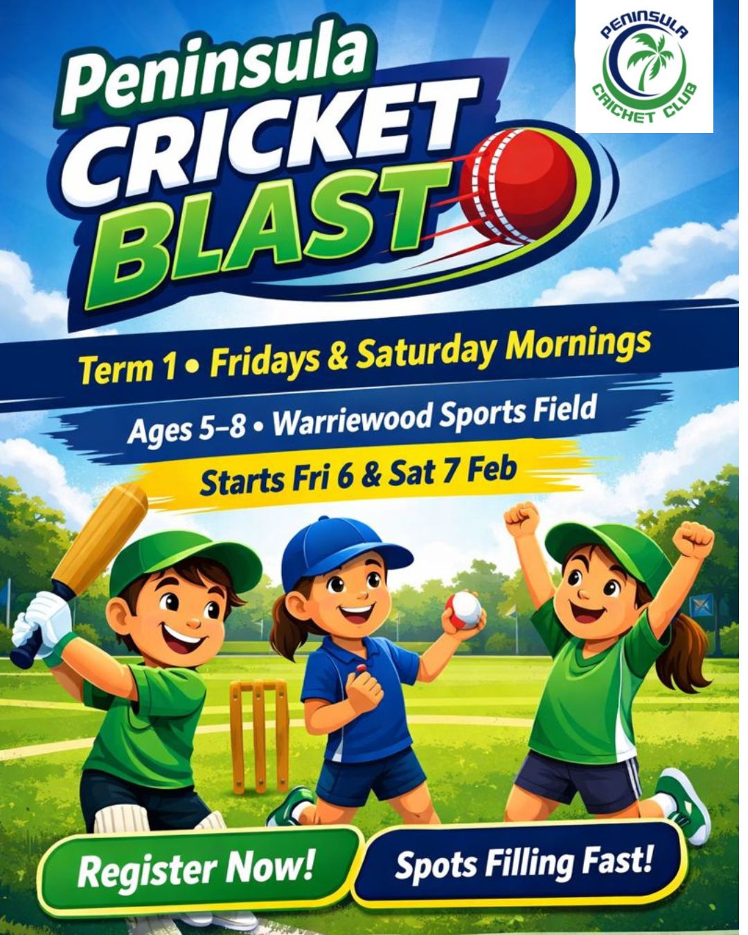 🏏 Looking for a fun weekend activity for the kids?
Cricket Blast is the perfect intro to cricket for boys and girls aged 5–8 — no experience needed!
✔️ Short, fun sessions
✔️ Safe, modified equipment
✔️ All about fun, friends & confidence
📍 Warriewood Sports Field
📅 Fridays & Saturdays – Term 1 - 6 week program ( only $50 )
👉 Register now – spots filling fast!
https://www.playhq.com/cricket-australia/register/4bb75e