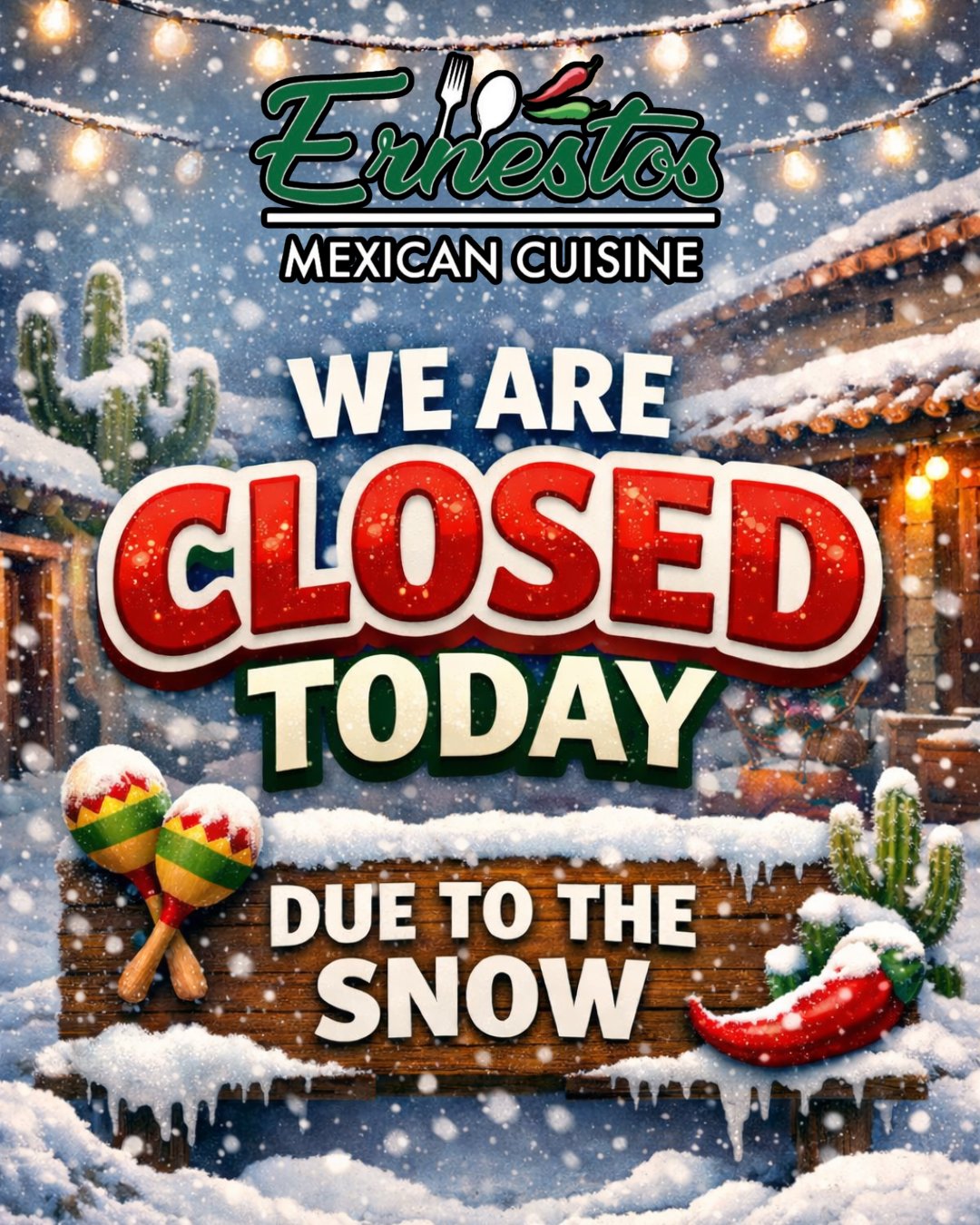 ❄️🌮 Snow Day Update 🌮❄️
Due to today’s poor road conditions, we are closed today to keep our team and guests safe. We appreciate your understanding and hope everyone stays warm and safe out there!
We’ll keep you posted with updates on reopening—thank you for all the love and support, and we can’t wait to serve you again soon. ☃️❤️
Enjoy the snow!