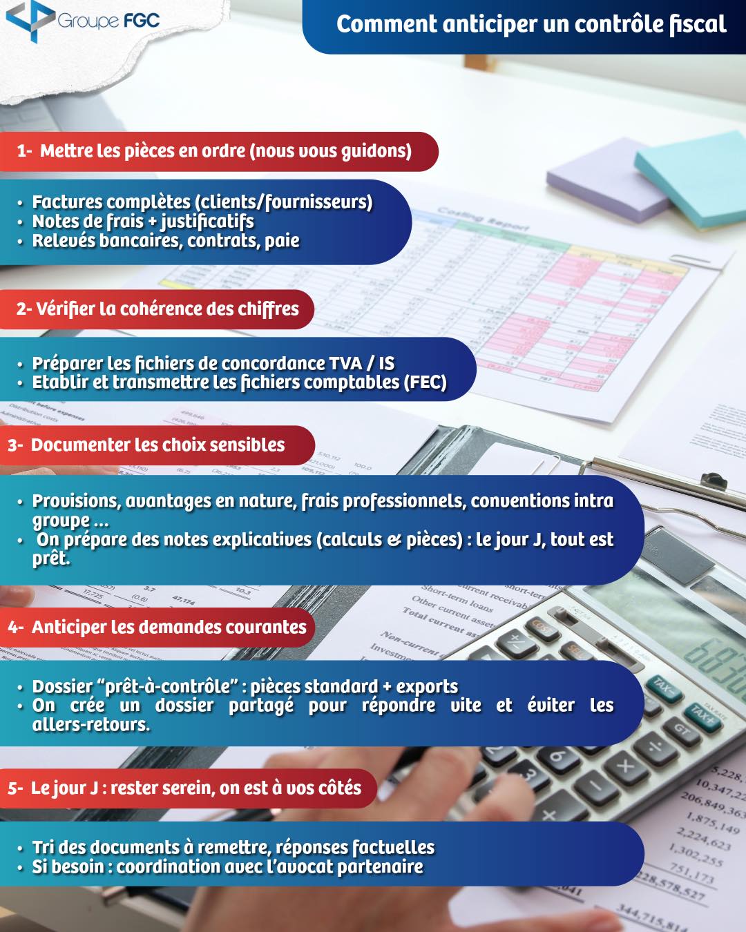 🧐Un contrôle, ça impressionne.�💪🏻Mais bien accompagné, c’est surtout prévisible et gérable.�🔎Voici notre méthode pas à pas pour vous simplifier la vie
🏆 Ce que vous gagnez:
* Moins de stress, plus de clarté
* Des risques réduits (erreurs, pénalités)
* Une procédure fluide et documentée
________
#groupefgc #comptabilite #controlefiscal #toulon