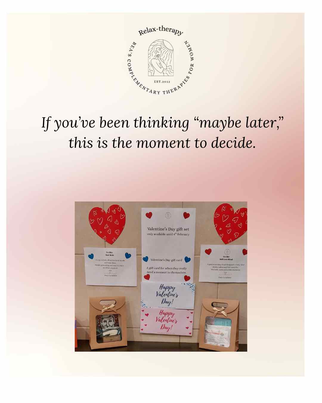 The Blissful Collection treatments are slower than usual, which is why I only release a small number.
Appointments are filling up quickly and today is the last day to purchase Valentine gift sets to go with them.
Choose what feels supportive for you.
There’s value in giving your body time, not just things.
#massage #reflexology #pregnancy #valentines #Purley