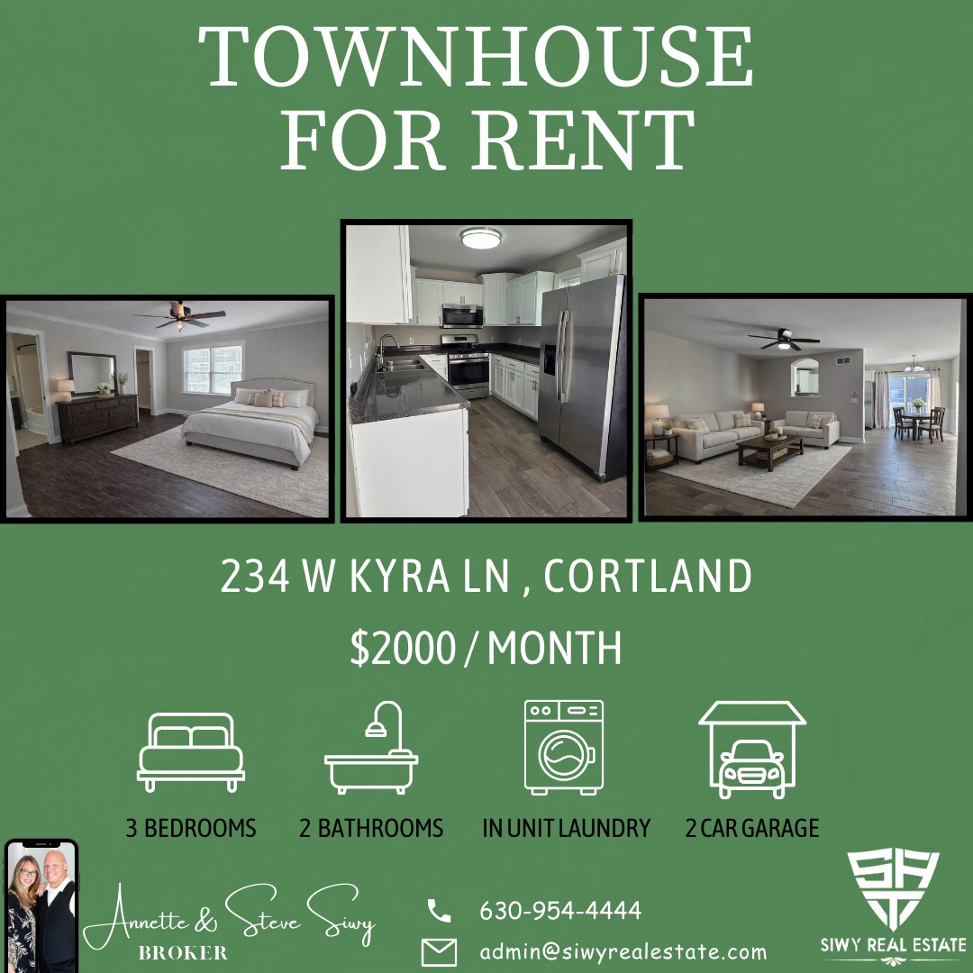 🏡 FOR RENT | 234 W Kyra Ln, Cortland
💰 $2,000/month
🛏️ 3 Bedrooms
🛁 2 FULL Bathrooms
📐 1,200 sq ft townhome
🚗 2-car garage
🧺 In-unit laundry (brand new washer & dryer)
🌞 Bright, open layout with tons of natural light
☀ Private balcony/deck
📩 Message me for more info or to schedule a showing!
#CortlandRentals #IllinoisRentals #TownhomeForRent #ForRentIL #siwyrealestate
#RentalHome #ModernLiving #MoveInReady