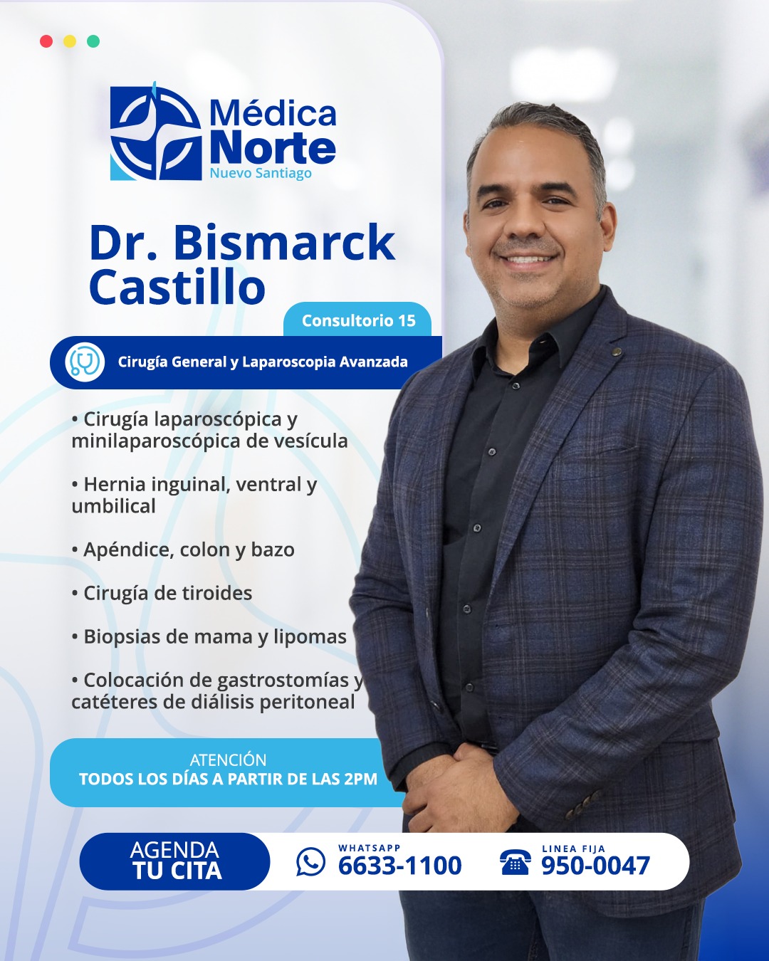 En Médica Norte te atiende el Dr. Bismarck Castillo, cirujano general con enfoque en laparoscopía avanzada, utilizando técnicas actuales orientadas a resultados seguros y efectivos.
Cada intervención parte de una valoración cuidadosa, con acompañamiento médico claro y atención centrada en el paciente.
Decisiones informadas, atención especializada y confianza médica.
📲 Agenda tu cita: 6633-1100
☎️ Línea fija: 950-0047
📍 Médica Norte – Consultorio 15
#MédicaNorte #CirugíaLaparoscópica #LaparoscopíaAvanzada #Salud #AtenciónQuirúrgica #CuidadoMédico
