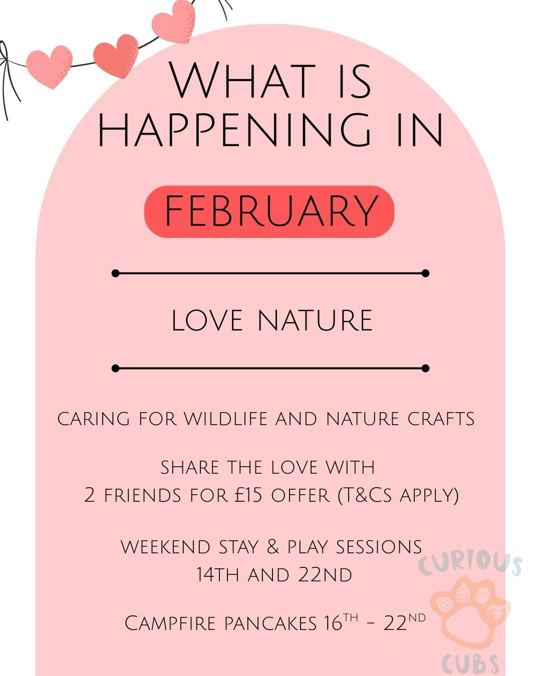 💚🌿 February at Curious Cubs – Love Nature 🌿💚
This month we’re all about caring for nature and sharing the love at Curious Cubs 🫶🍃
Little cubs will be getting hands-on with beautiful nature crafts, discovering wildlife, and exploring simple ways to look after the world around us 🌍🐦
⏰ All sessions: 10am–12pm
🌿 Weekend Stay & Play
📅 14th & 22nd February
💕 Special Offer – Share the Love
👯 2 friends for just £15!
🥞🔥 Campfire Pancakes
📅 16th–22nd February
Come along, bring a friend, and fall in love with nature together 🌱✨
Book here 👉 www.curiouscubs.co.uk
#CuriousCubs #LoveNature #ForestSchool #NaturePlay #OutdoorLearning #StayAndPlay #CampfireCooking #ShareTheLove