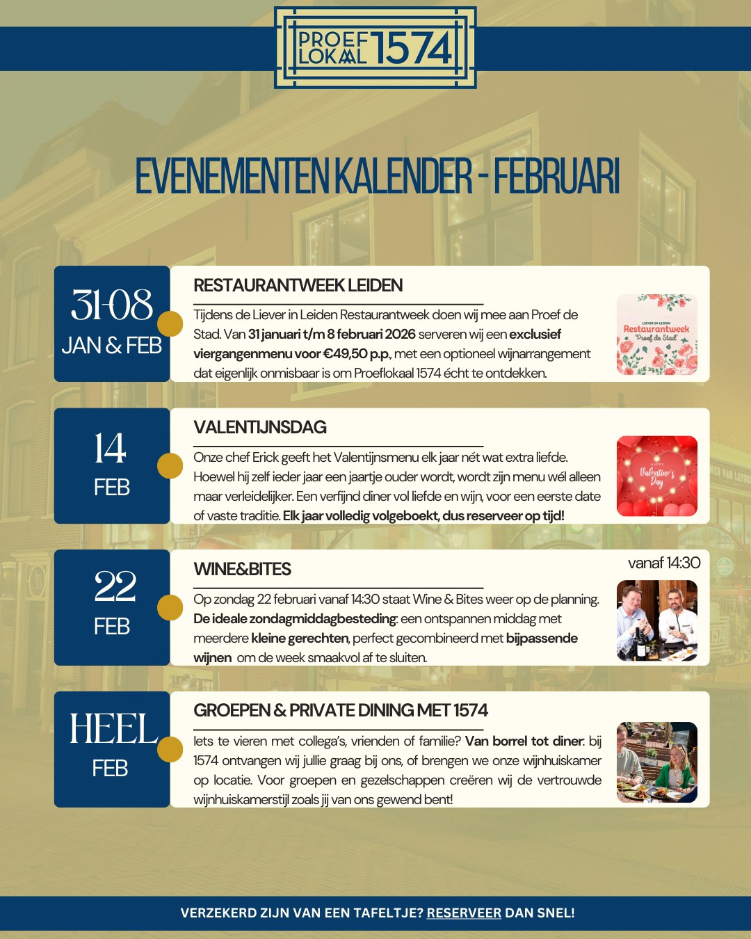 Februari bij Proeflokaal 1574 ✨🍷
Een maand om naar uit te kijken. Van Restaurantweek Leiden, tot een romantische Valentijnsavond, een ontspannen Wine & Bites zondag en natuurlijk volop mogelijkheden voor groepen & private dining.
Of je nu komt vieren, proeven of gewoon genieten: februari zit vol fijne momenten bij ons aan tafel.
👉 Tafeltje zeker stellen? Reserveer op tijd.
Wij staan voor je klaar 🥂