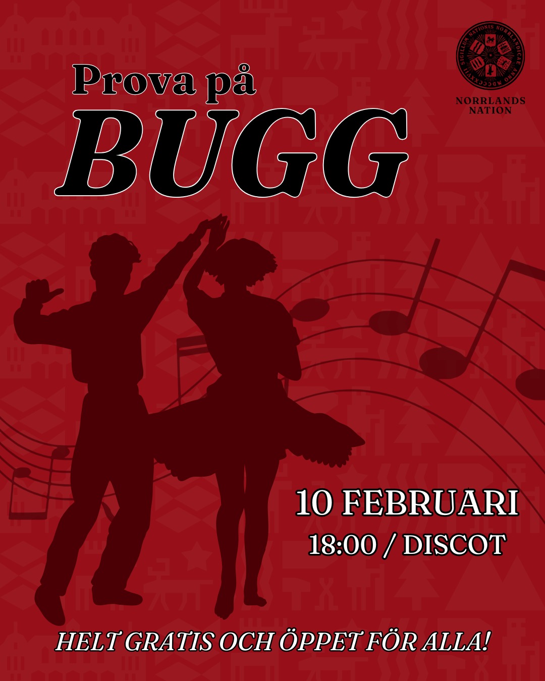 Är du nyfiken på att dansa bugg? Vill du ha lite dansglädje? Nu har du chansen att prova på bugg på Norrlands nation.
Datum: 10 februari
Tid: 18:00 - 20:00, inkl pauser.
Erfarenhet: Inga förkunskaper krävs.
För/följer: Du bestämmer!
Plats: Discot, Norrlands nation
Instruktörer: Utbildade instruktörer från Uppsala Bygg & Swing Society (UBSS)
Pris: Gratis, ingen föranmälan krävs.
Språk: Svenska
Kursen dansas parvis i en ring, vilket innebär att man får möjlighet att dansa med olika personer under lektionens gång. Mer info finns i Facebook-evenemanget.
- OM BUGG -
Bugg är en svensk pardans som är lätt att lära sig. Dansen utförs till musik i fyrafjärdedelstakt och passar både traditionell dansbandsmusik och modern populärmusik. Bugg är en av Sveriges mest populära sociala danser och dansas i många olika sammanhang – från logdans till klubbar och bröllop.
___
Do you want to try Swedish swing dance – Bugg? Now is your chance to join a free "Try Bugg”-evening at Norrlands Nation!
Date: February 10th
Time: 18:00-20:00, including breaks
Experience: No prior knowledge required
Lead/Follow role: You choose!
Location: Discot, Norrlands Nation
Instructors: Certified instructors from Uppsala Bugg & Swing Society (UBSS)
Cost: Free, no pre-registration needed.
Language: Swedish
The course is danced in pairs, organized in a circle, allowing participants to dance with different partners throughout the session. More information can be found in the Facebook event.
Note that this event is in Swedish, but everyone is welcome!
- ABOUT BUGG -
Bugg is a Swedish swing dance that is easy to learn. It is danced to music in 4/4 time from modern pop music to the Swedish ”Dansbandsmusik”-genre. Bugg is one of Sweden’s most popular social dances, performed in various settings — from traditional settings to clubs and weddings.