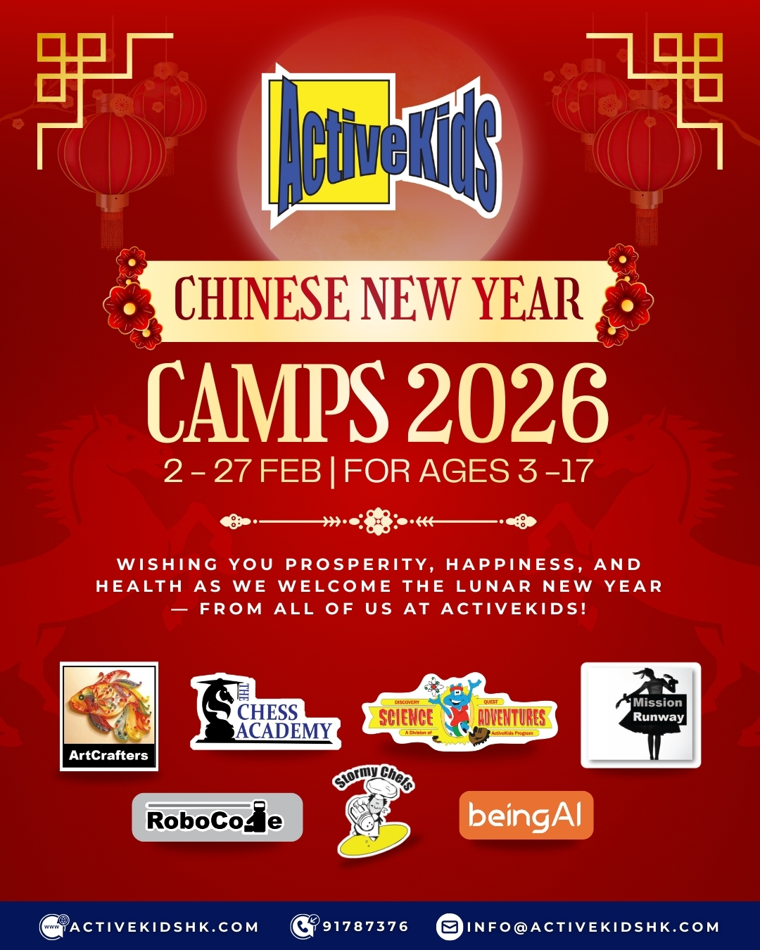 🧧 Level Up Your Child’s CNY Break with 7 Epic Adventures! 🐉
Chinese New Year is back, and so are ActiveKids CNY Holiday Camps! We’re offering high-energy, expert-led courses that turn the holiday into a launchpad for new skills. From creating your own AI beings to mastering the chessboard, there is something for every young mind aged 3–17.
📅 Dates: 2 – 27 February 2026 📍 Location: 2A/F, Nan Sang Building, Kennedy Town
🔗 Link in Bio to enroll now!
Don’t wait—spots in these high-demand camps fill up fast!
#TheChessAcademy #ActiveKidsHK #CNY2026
