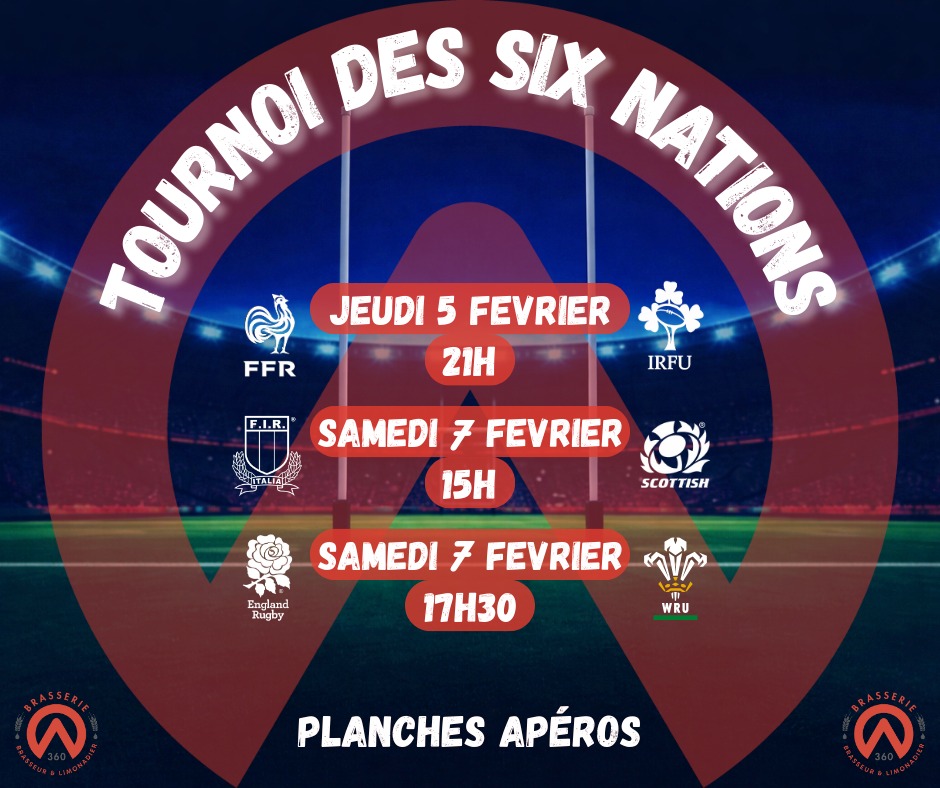 C'est le grand retour du tournoi des 6 nations !🏉🍺
Retrouvons nous à la brasserie 360 pour supporter les bleu !😜"
Diffusion en direct des matchs sur écran géant, bières fraiches, planches apéros et bonne ambiance!🍻