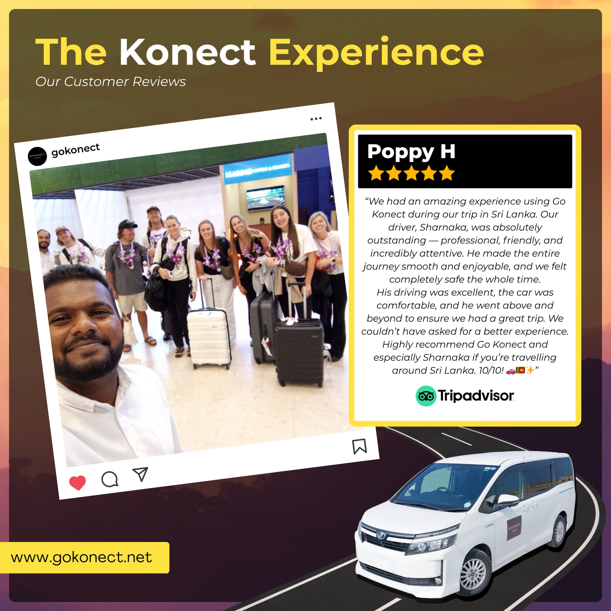 Real journeys. Meaningful moments.
Poppy’s journey with GoKonect was more than just travel. It was comfort, trust, and the freedom to truly experience Sri Lanka at their own pace. Every mile carried a story, every moment felt thoughtfully cared for.
Honored to be part of their Sri Lanka experience.
.
#GoKonect #SriLankaTravel #LuxuryTravel #CustomerStories #TravelWithCare #ExploreSriLanka