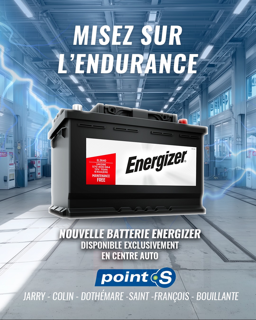 Misez sur l’endurance.
La nouvelle batterie Energizer est désormais disponible avec installation dans votre centre Point S.
🔋 Performance. Fiabilité. Endurance.
🎯 -20 % pour le lancement
📍 Jarry · Colin · Dothémare · Saint-François · Bouillante
#PointS #Energizer #Endurance #Nouveauté