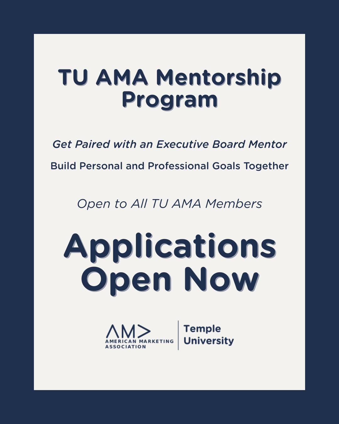 The TU AMA Mentorship Program pairs general body members with Executive Board mentors based on shared interests and goals. It’s a great way to get guidance on AMA involvement, academics, and professional development.
This program is open to all TU AMA members. If you’re looking for support, connection, and growth within AMA, this is for you.
Apply through the link in our bio!