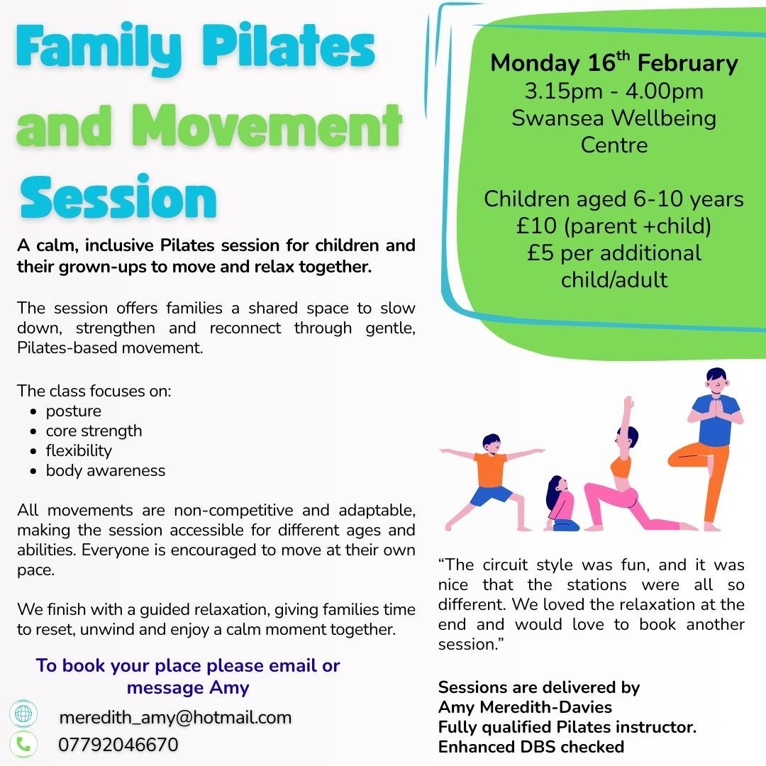 🌿 Family & Teen Pilates and Movement Sessions 🌿
Monday 16th February
Looking for a calm, supportive way to move, stretch and unwind together? We’re offering two gentle Pilates-based sessions for families and teens, designed to help everyone slow down, build strength and feel more at ease in their bodies.
✨ Family Pilates & Movement
🕒 3.15pm – 4.00pm
👧🧒 Children aged 6–10 years (with parent/carer)
💷 £10 per parent + child
➕ £5 per additional child/adult
A relaxed, inclusive session for families to move and reconnect together through gentle, adaptable movement and a guided relaxation.
✨ Teen Pilates & Movement
🕟 4.30pm – 5.15pm
🧑🤝🧑 Ages 11–16 years (teens can attend with a parent/carer)
💷 £10 (teen + parent/carer)
➕ £5 per additional teen/adult
A supportive session focused on posture, core strength, flexibility and body awareness – ideal for teens navigating busy, often stressful schedules.
🌱 Both sessions include:
• Non-competitive, adaptable movements
• Suitable for all abilities and fitness levels
• A calm guided relaxation to finish
👩🏫 Delivered by Amy Meredith-Davies, fully qualified Pilates instructor
✅ Enhanced DBS checked
📩 To book your place, email or message Amy:
📧 meredith_amy@hotmail.com
📞 07792 046670
@amy19850
#pilates #pilatesclass #familyclass #teenpilates #swanseaclasses #swanseapilates
@wellbeinswansea